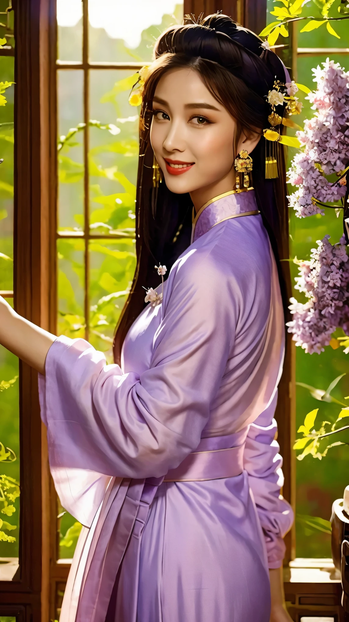 Fashion model 20 years old [[[[close up]]]], [[[[neck]]]], [[[[Shoulder]]]], Perfect eyes, Perfect iris，Perfect lips，Perfect Teeth，Perfect skin，White skin，Soft headlight，High-density imaging review，Black long hair，（Face is clear and delicate），((Lilac Chinese Clothing))，((Sexy))，((Smile))，((Background is indoor))，((There are green trees and flowers outside the window))，best quality，masterpiece，（Soft colors：1.2）