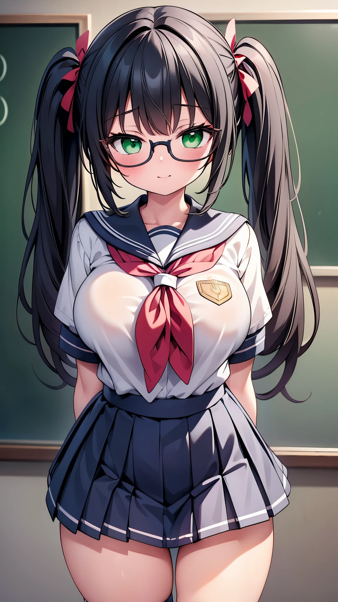 highest quality,wonderful,finely,extremely detailed CG unity 8k wallpaper,1 girl, big breasts,(school uniform:1.4),(Black Band Top:1.7), bare shoulders, clavicle, (underboob:1.7), cleavage, huge breasts,black hair, glasses, green eyes,twin tails, highest quality,Super detailed,unity 8k wallpaper,game CG,