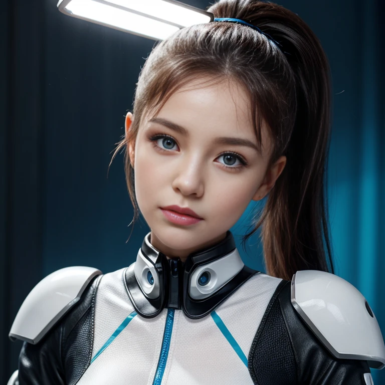 Full body cyber girl with a ponytail. Ariana Grande's face. Bright white color to show she's a cyber girl whit laser rifle. white eyebrows. clothing like catsuit. She also has bright blue eyes. The environment is terminator like. Hair is platina. She is lit with the bright blue color on one side of her face. Led like.  And both hands have the led light too.