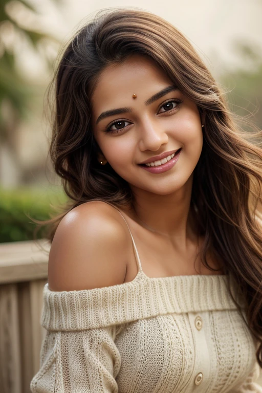 masterpiece, Best Quality, Illustration, Ultra-detailed, finely detail, high resolution, 8K Wallpaper, Perfect dynamic composition, Beautiful detailed eyes, off shoulder knit ladies' Fashion,waved hair,Natural Color Lip, Bold sexy poses,Smile,20 years indian girl,Cute,Sexy shot looking at camera,Ultra-realistic raw photos,