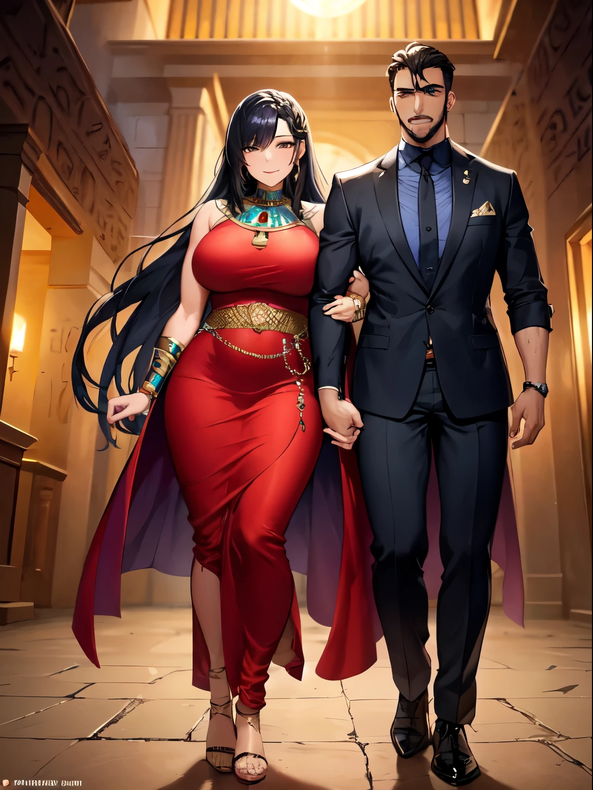 (SLE, mksks style, full body background:1.1), (two people:1.3), (mature, female,black skin, fancy 이집트 드레스, long hair, black hair, beautiful hair, eye 위의 머리카락, yellow_eye, voluptuous body),(male,Egyptian Men, black skin, muscular, 노란eye),((have sex)), happy, sweat, excitement, love, volumetric lighting, (outdoor:1.3), egyptian house, fancy