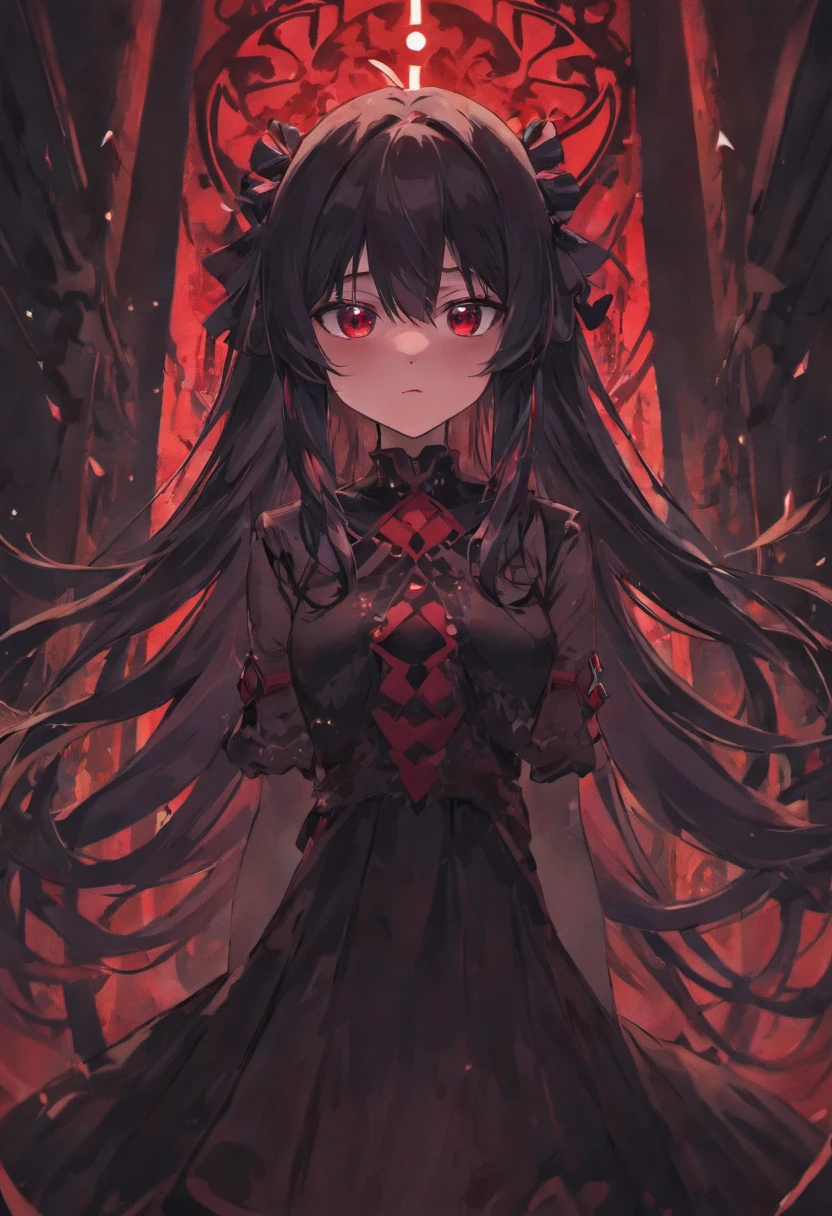 Anime girl, black straight long hair, red eyes, black dress, darkness power.