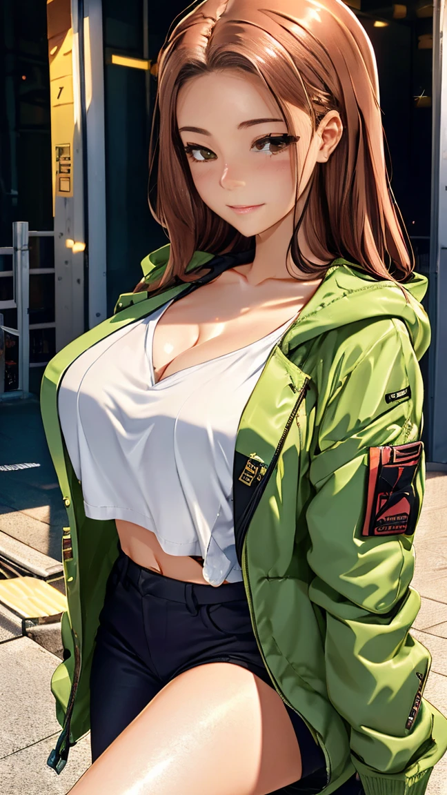 ((((highest quality)))), (((Super precision CG16K))), (((masterpiece))), (((Very detailed))), (((Very detailed))), (((Black outline:1.3, Written boundary depth:1.3 , Written soft outline))), Blur, Bokeh, Maximum clarity and sharpness,Multilayer Texture, Surface Shading, Cinema Lighting, Beautiful details shine ,Perfect balance, Only one female, break accurate, Anatomically correct, Very detailedな顔とSkin Texture, Drawn in detail, Very detailedな顔とSkin Texture, Fine grain, Beautiful Hair, Beautiful Japan idol face, Beautiful and beautiful eyes, Beautiful body, Beautiful breasts, Beautiful thighs, Beautiful feet, Beautiful fingers, (Beautiful views) , Skinny body, ((Beautiful Skin)), ((Skin Texture)) break breast enlarged, Big Breasts, Lively , (blush, smile:1.3, Brown eyes, Pink Cheeks, double eyelid, Thin eyebrows, Narrow eyes:1.3, Natural Cheeks, Shiny skin, Fair skin:1.2, (Glossy lips:1.4, Glossy Lips: 1.4 ), high school student, Attractive adult woman ) , Twin Blade, Long Hair, Striped Hair, Hair intake, inner hair color, break (Sports Casual, Wear outerwear that buttons up) , nail art, necklace, Bridal Ring, wearing a watch break (Flexion position , On one knee:1.3, stretch:1.3, Wet), Cowboy Shot, Breast close-up , From above:1.3