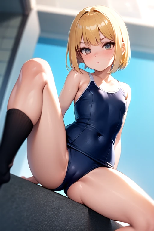 4K,woman,stare,Pouting,Layered Bob,Golden Hair,School Swimsuit,Knee-high socks,Medium chest,Spread your legs,Dynamic pose,Pool,From below,Browsing Caution