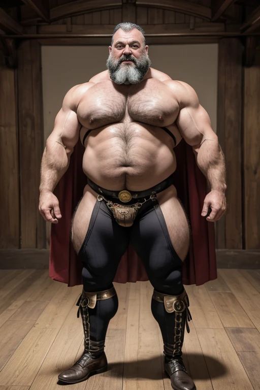  Hyperrealistic image of an old 19th century superhero, trapecista de circo Steampunk ruso, con el torso desnudo, cabello gris engominado y enormes bigotes de manillar. A super heavy bodybuilder flexing his muscles. Un culturista obeso de cuerpo completo con un cuerpo muy sudoroso. An extremely muscular and extremely fat elderly man over 70 years old. old man who weighs more than 600 pounds, a very hairy muscular man with very big and saggy legs, pectorales grandes, pezones oscuros y ginecomastia en el trapecio de un circo Steampunk , vestido con leggins a rayas horizontales  