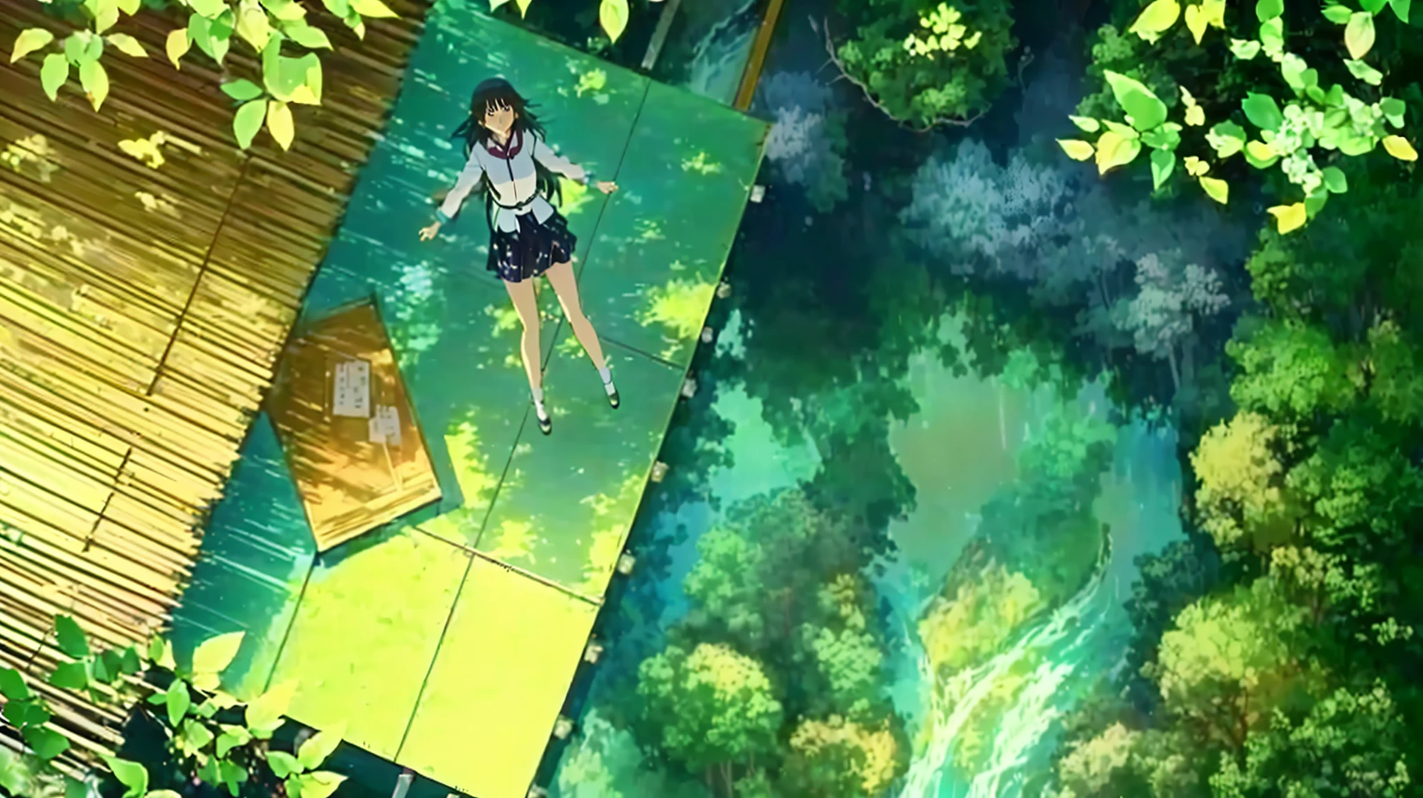a close up of a person on a bridge in a forest, anime film still, high quality anime movie still, anime still film anime shikishi, anime girl walking on water, screenshot from the anime film, colorful anime movie background, illustration!, anime movie screenshot, beautiful anime scene, anime scene, arte koto no ha no niwa, still from anime, anime still