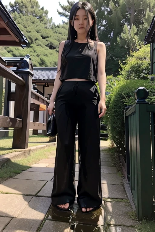 Japanese Girl sees the ghost and pees her black palazzo pants until her pants are wet in fright.