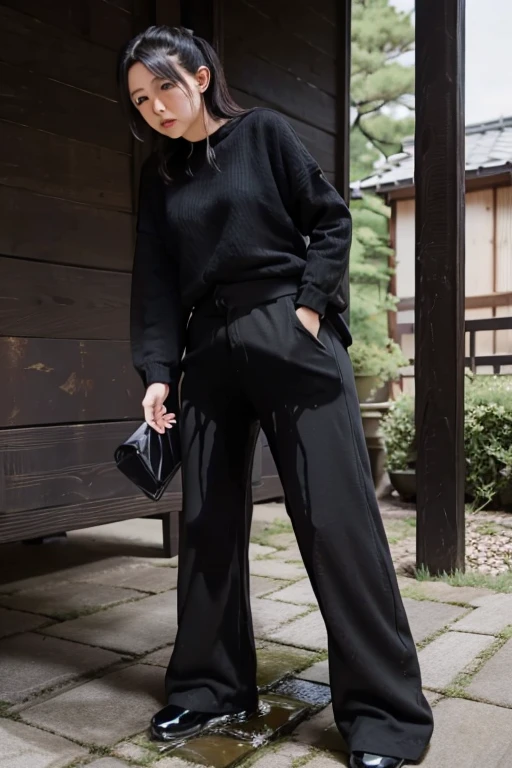 Japanese Girl sees the ghost and pees her black palazzo pants until her pants are wet in fright.
