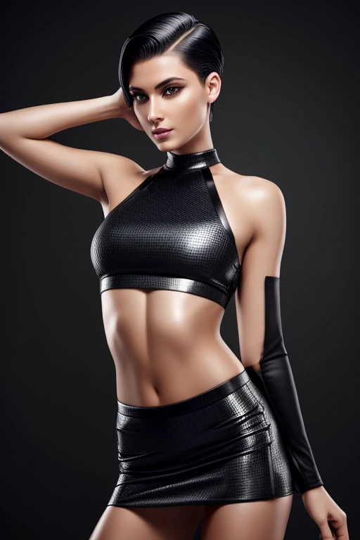 Gorgeous european woman with short hair, short hair, wet hair, hair slicked back, combed straight back, slick hair, black gradient hair, wearing a carbon fiber crop top and mini skirt, cleavage, solid dark grey background