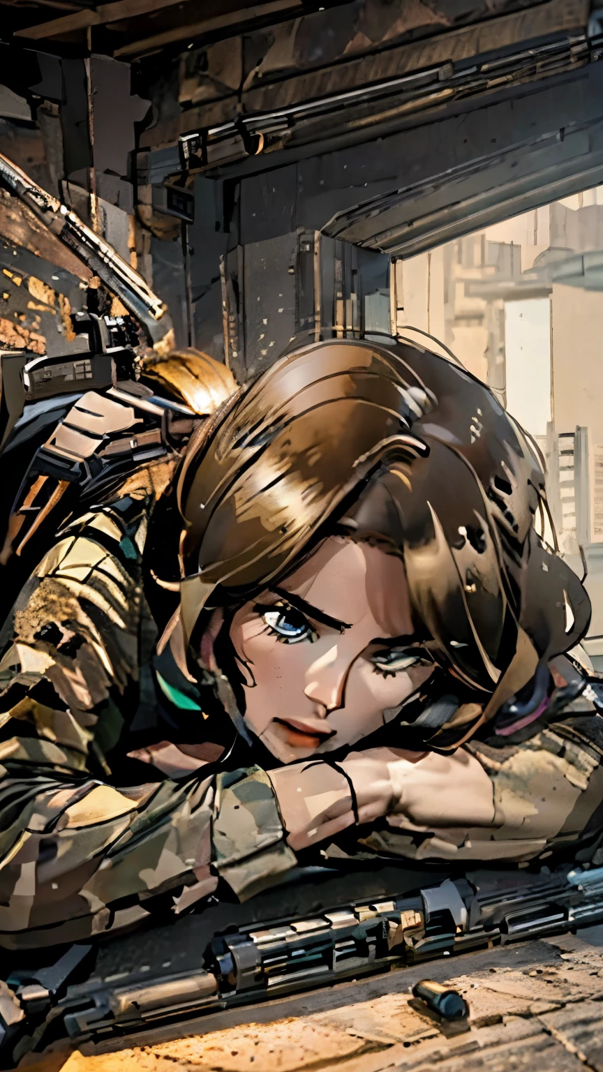 
An elite sniper aiming at her victim, on top of a building, lying down (((using a long-range rifle))), laser sight, camouflage clothing, holster, lots of ammunition, big ass, thick thighs, blond hair { extremely detailed 16k CG unit wallpaper}, expansive landscape photography, (a low view focusing on the character and setting), (wide open field view), (low angle shot), (high light: 1.5), (low light: 1.4), (warm light source: 1.8), complex details, (iridescent colors: 1.5), (bright lighting), (atmospheric lighting), Dreamy, aesthetic, action