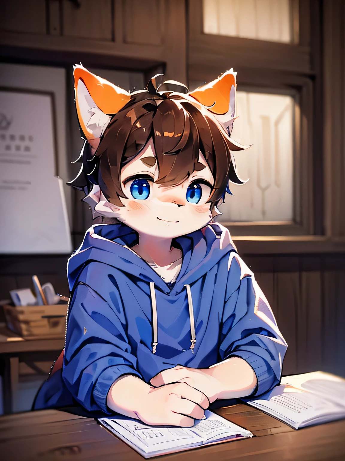 (Mischievous smile, Shiba Inu beastman, light blue eyes, *brown hair*, fluffy boy, cute, orange fur) (((It's raining))) Studying at a desk, hoodie, orange and white fur on face,