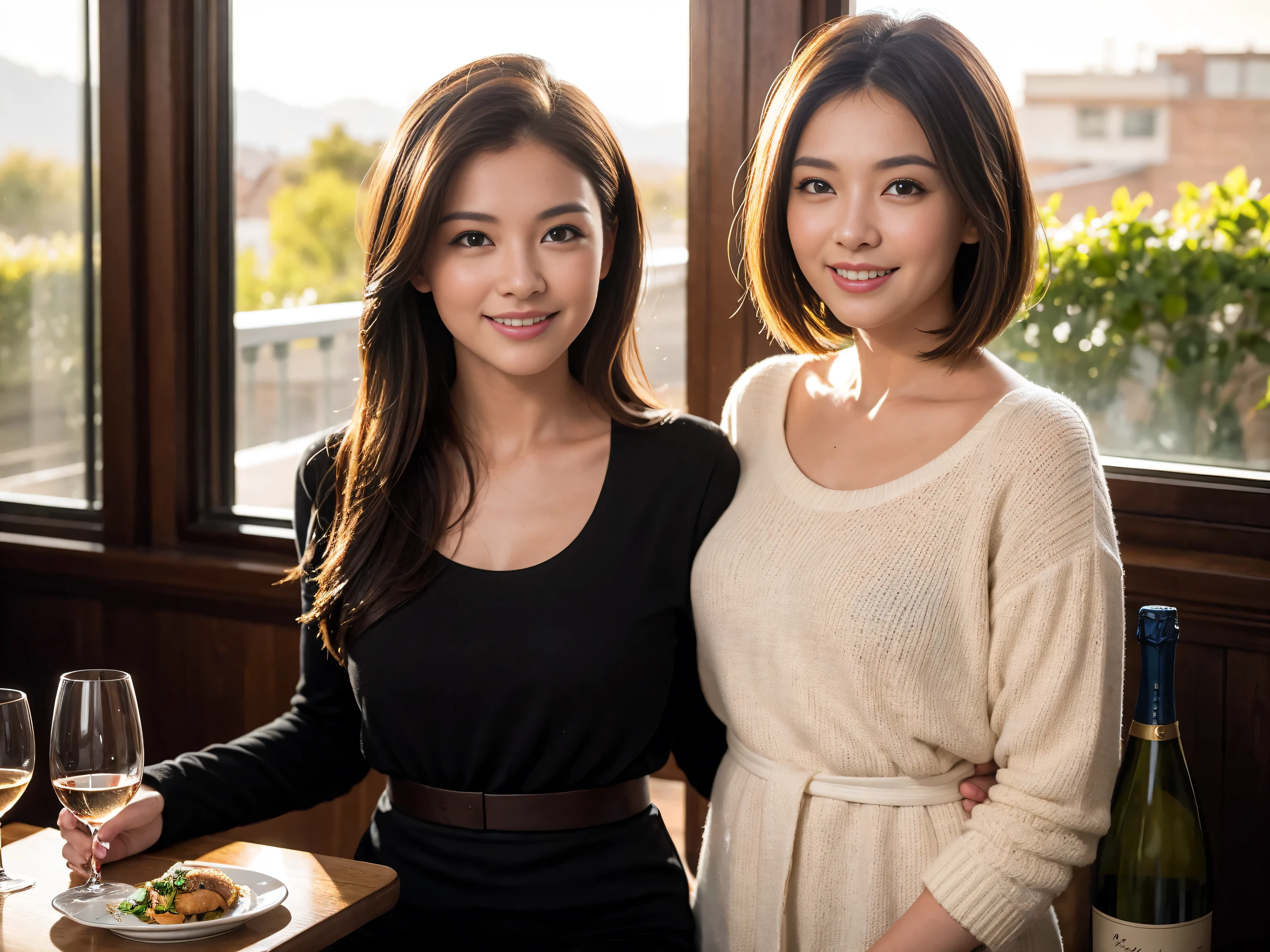 ((highest quality、8k、masterpiece:1.3))、wine 、1 male、1 female、Couple、Lovers Couple、Slim body、((Bob Hale、Straight hair:1.2)), (Realistic, Intricate details:1.2), テーブルにWine Glass、Put the light on your face、 Amazing view of the sunset sky and clouds、Amazing mountain views、A bright smile、The wonderfulness of smile、Bright image、The beauty of wine, Beautiful Face, blue eyes, The light shines on your face, Blushing, short hair,Bright Face、 (Age 37), 39 years old, Red wine 、Appetizers、Italian food、wine bottle、Champagne、Sparkling wine、Two beauties、Brown Hair、Shortcuts、Long sleeve shirt、dress、Pretty Woman 1, (Slim face), (The body is slim), (Brown Hair), (Shortcuts), cheeks turn a little red,Attractive beauty、restaurant, In a prominent place (From the waist up) Nova Frog Style, actress, model, Upper Body, White wine, slim, Wine Glass, 真ん中に置かれたWine Glass, smile, (smile: 1.15), Beautiful fine grain, Depth f/2,saturation, High Contrast, Strong light and shadow,Moist Body:1.5、3D texture、Delicate eyes、Brown Hair、The hair is very shiny、