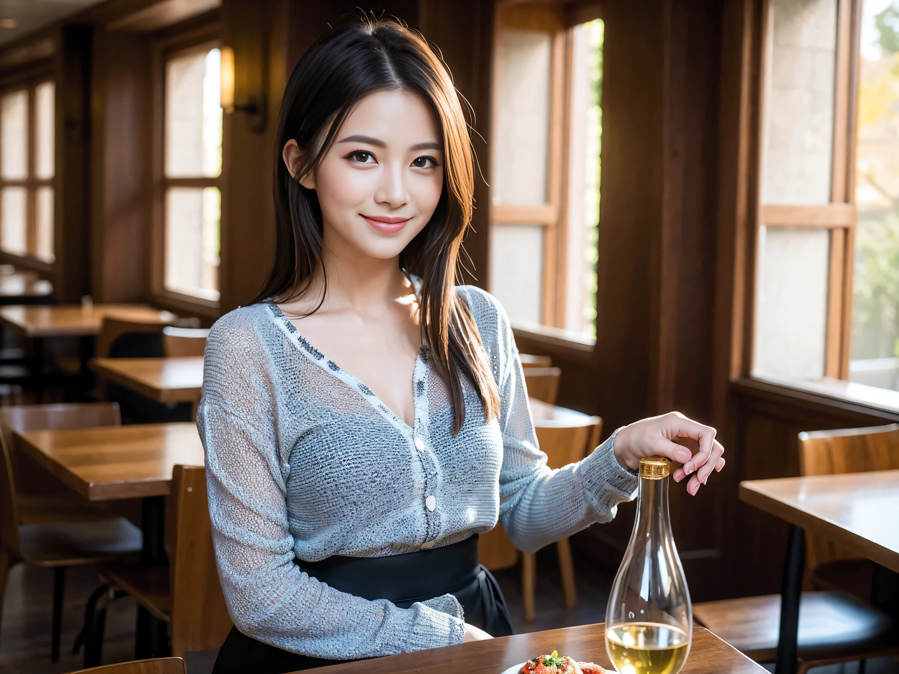 ((highest quality、8k、masterpiece:1.3))、wine 、1 male、1 female、Couple、Lovers Couple、Slim body、((Bob Hale、Straight hair:1.2)), (Realistic, Intricate details:1.2), テーブルにWine Glass、Put the light on your face、 Amazing view of the sunset sky and clouds、Amazing mountain views、A bright smile、The wonderfulness of smile、Bright image、The beauty of wine, Beautiful Face, blue eyes, The light shines on your face, Blushing, short hair,Bright Face、 (Age 37), 39 years old, Red wine 、Appetizers、Italian food、wine bottle、Champagne、Sparkling wine、Two beauties、Brown Hair、Shortcuts、Long sleeve shirt、dress、Pretty Woman 1, (Slim face), (The body is slim), (Brown Hair), (Shortcuts), cheeks turn a little red,Attractive beauty、restaurant, In a prominent place (From the waist up) Nova Frog Style, actress, model, Upper Body, White wine, slim, Wine Glass, 真ん中に置かれたWine Glass, smile, (smile: 1.15), Beautiful fine grain, Depth f/2,saturation, High Contrast, Strong light and shadow,Moist Body:1.5、3D texture、Delicate eyes、Brown Hair、The hair is very shiny、