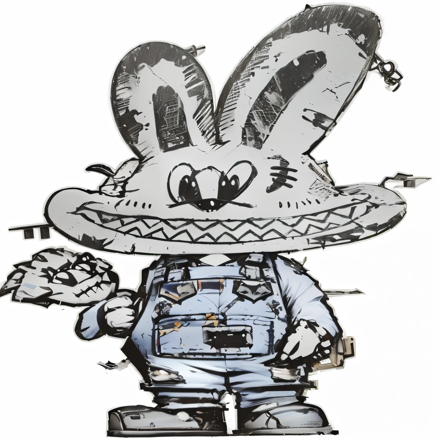 An exaggerated expression，Rabbit with open mouth,Sharp teeth，Holding a doll in hand，Wearing a denim jumpsuit，patch，destroy，Dirty inspired by Gary Painter, sam and max, According to children, anthropomorphic character, Close-up characters, Trendy toys，official artwork hdr, high detail iconic character, Cartoon, Merge characters, Anthropomorphic Rabbit, Medium shot of two characters, Bunny Punk, Sloppy writing