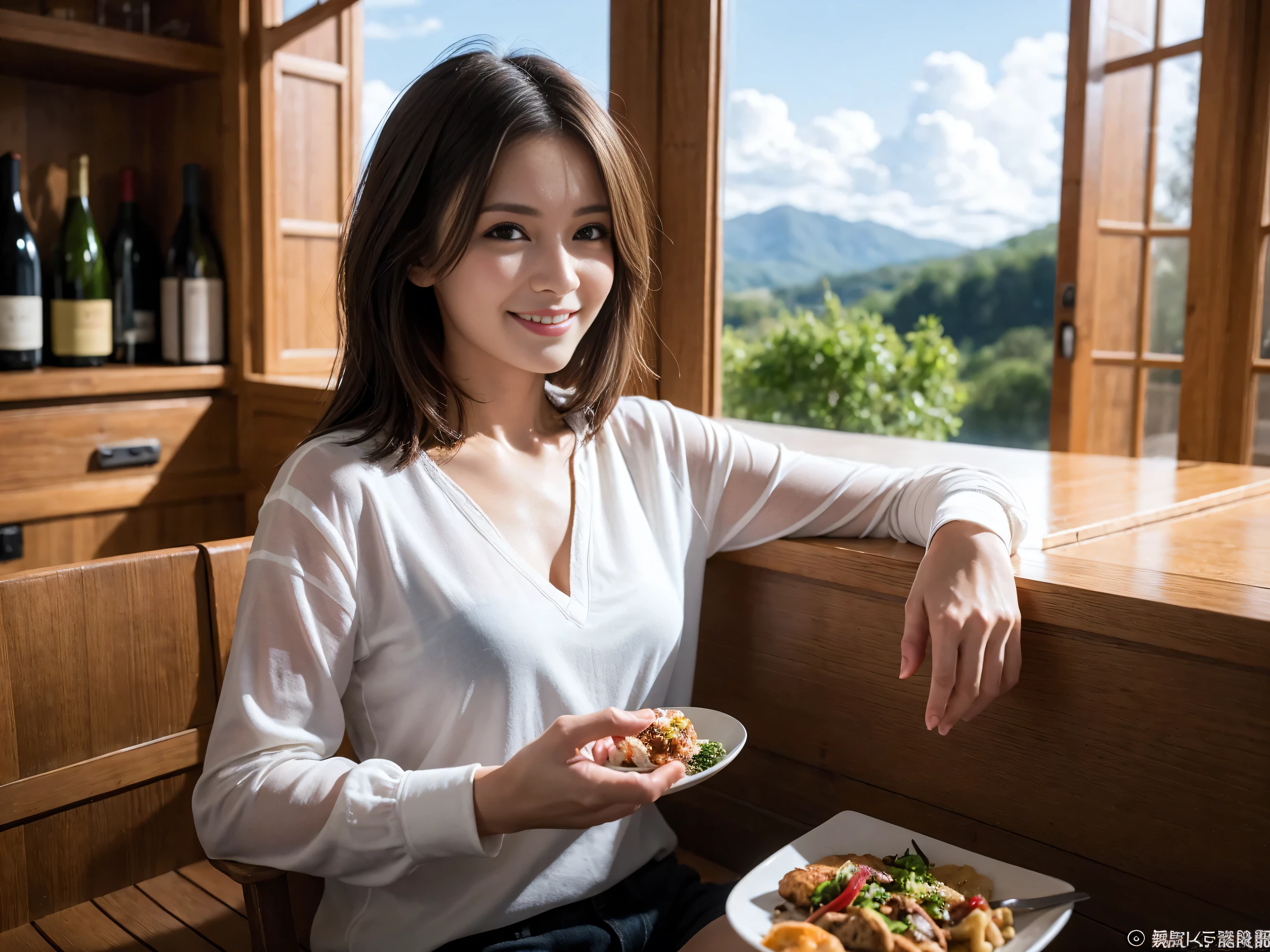 ((highest quality、8k、masterpiece:1.3))、wine 、1 male、1 female、Couple、Lovers Couple、Slim body、((Bob Hale、Straight hair:1.2)), (Realistic, Intricate details:1.2), テーブルにWine Glass、Put the light on your face、 Amazing view of the sunset sky and clouds、Amazing mountain views、A bright smile、The wonderfulness of smile、Bright image、The beauty of wine, Beautiful Face, blue eyes, The light shines on your face, Blushing, short hair,Bright Face、 (Age 37), 39 years old, Red wine 、Appetizers、Italian food、wine bottle、Champagne、Sparkling wine、Two beauties、Brown Hair、Shortcuts、Long sleeve shirt、dress、Pretty Woman 1, (Slim face), (The body is slim), (Brown Hair), (Shortcuts), cheeks turn a little red,Attractive beauty、restaurant, In a prominent place (From the waist up) Nova Frog Style, actress, model, Upper Body, White wine, slim, Wine Glass, 真ん中に置かれたWine Glass, smile, (smile: 1.15), Beautiful fine grain, Depth f/2,saturation, High Contrast, Strong light and shadow,Moist Body:1.5、3D texture、Delicate eyes、Brown Hair、The hair is very shiny、