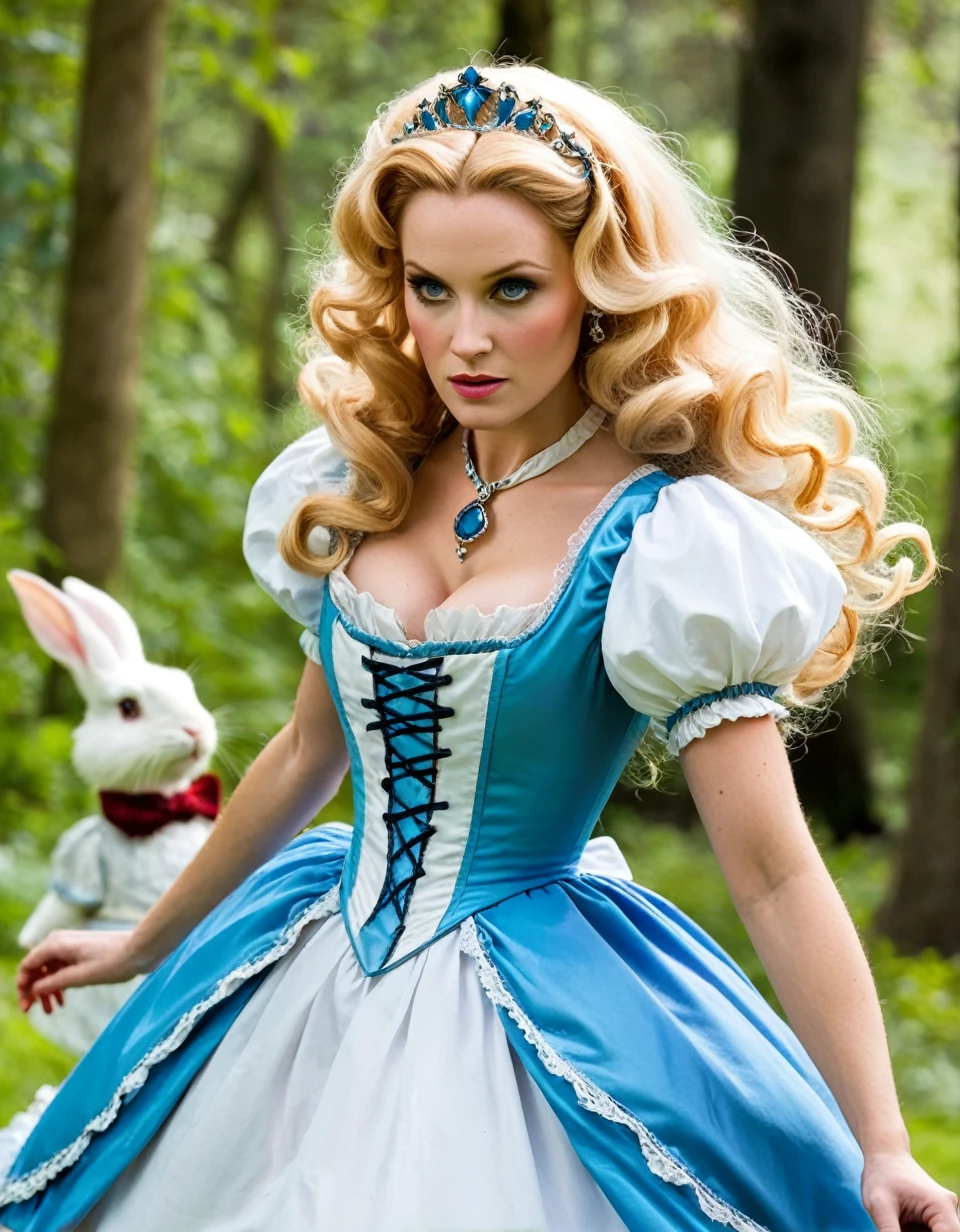 Belle Delphine as Alice in wonderland, blonde hair, mature female, looking serious, following a white rabbit running away, fairy tales, in fantasy style 