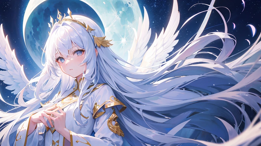 girl with white long hair, bangs, white eyes, judge girl, white royal clothes, white wings, moon and sky, 8k resolution, detail