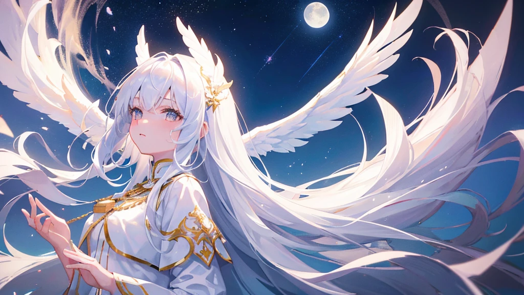 girl with white long hair, bangs, white eyes, judge girl, white royal clothes, white wings, moon and sky, 8k resolution, detail