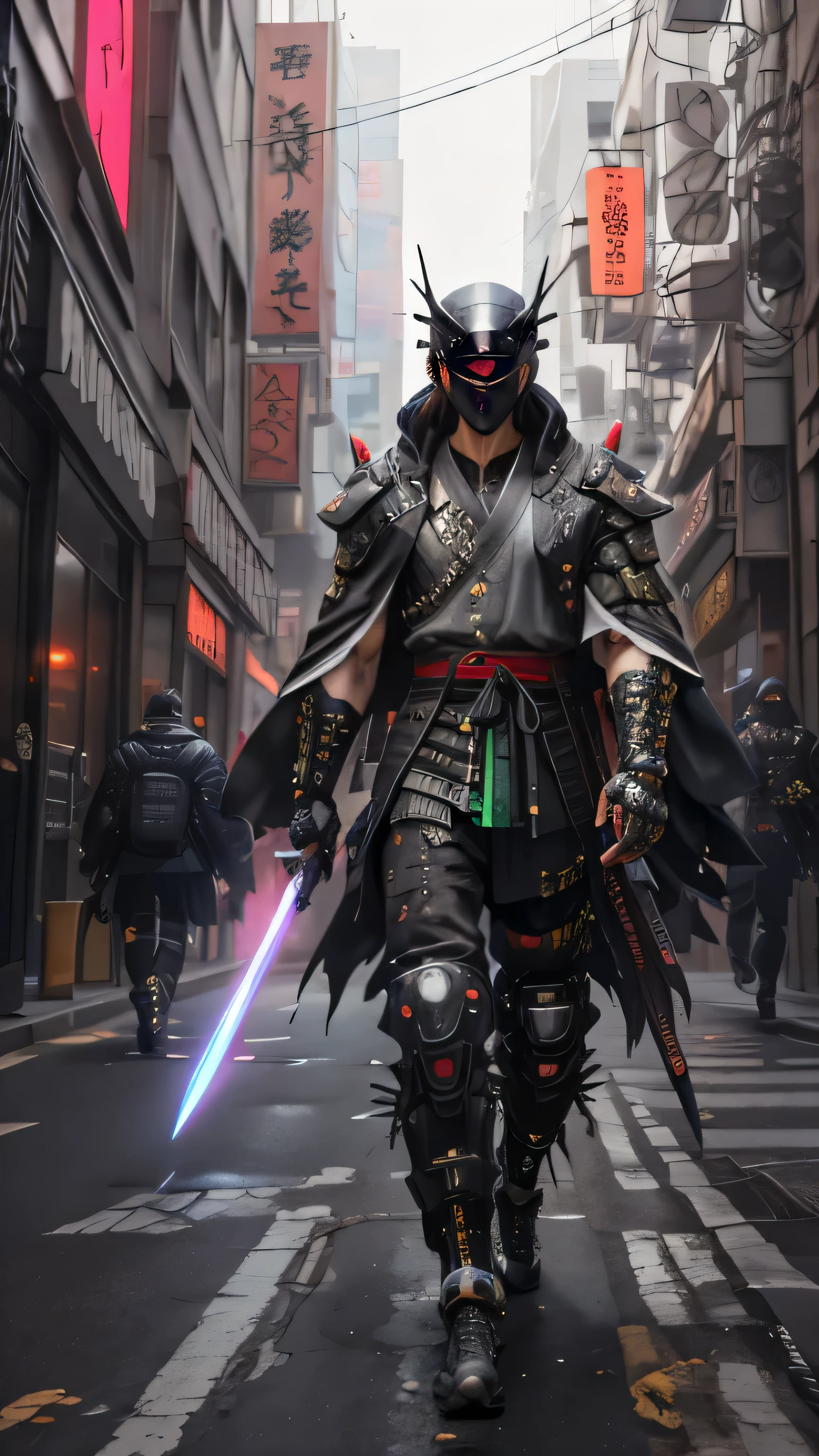 full body shot shot，There was a woman dressed in black and green，Perfect looks，Carrying a rucksack, cyberpunk face mask，Cyberpunk super long hair，cyberpunk streetwear, cyberpunk suit, cyberpunk street goon, Cyberpunk long cape，A cyberpunk extra-long mechanical tail is attached to the tail vertebrae，cyberpunk wearing, cyberpunk techwear, muted cyberpunk style, has cyberpunk style, cyber punk style, wearing cyberpunk streetwear, cyberpunk soldier, Hyper-realistic cyberpunk style, cyberpunk character design, all black cyberpunk clothes, Raven in cyber armor, Cyberpunk clothes.Two ninjas shinobis with a blade walks on the street, very beautiful cyberpunk samurai, cyberpunk samurai, street samurai, cyberpunk assassin, urban samurai, ominous assassin, neon samurai, epic ninja suit, cryptoblades, mask devil.demon samurai, all black cyberpunk suit, samurai jedi, cyberpunk hero, cgsociety 9, black samurai costume, surreal cyberpunk style, ninja costume.white hair. Walks.Walk on the road.Walking on the street is cool.carry the sword on his shoulder.lolita demon.red suit.  Hold blade katana.