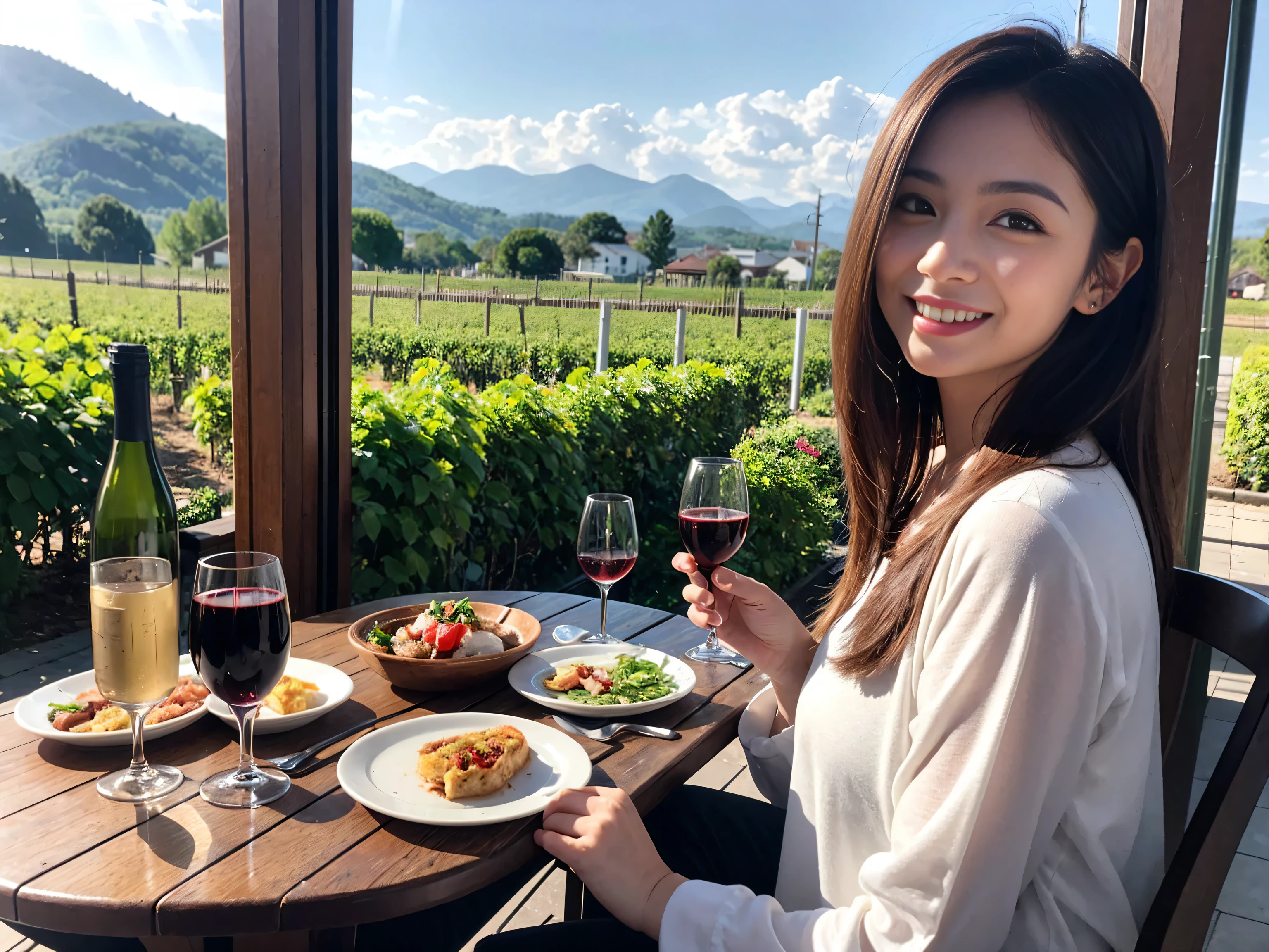 ((highest quality、8k、masterpiece:1.3))、wine 、1 male、1 female、Couple、Lovers Couple、Slim body、((Bob Hale、Straight hair:1.2)), (Realistic, Intricate details:1.2), テーブルにWine Glass、Put the light on your face、 Amazing view of the sunset sky and clouds、Amazing mountain views、A bright smile、The wonderfulness of smile、Bright image、The beauty of wine, Beautiful Face, blue eyes, The light shines on your face, Blushing, short hair,Bright Face、 (Age 37), 39 years old, Red wine 、Appetizers、Italian food、wine bottle、Champagne、Sparkling wine、Two beauties、Brown Hair、Shortcuts、Long sleeve shirt、dress、Pretty Woman 1, (Slim face), (The body is slim), (Brown Hair), (Shortcuts), cheeks turn a little red,Attractive beauty、restaurant, In a prominent place (From the waist up) Nova Frog Style, actress, model, Upper Body, White wine, slim, Wine Glass, 真ん中に置かれたWine Glass, smile, (smile: 1.15), Beautiful fine grain, Depth f/2,saturation, High Contrast, Strong light and shadow,Moist Body:1.5、3D texture、Delicate eyes、Brown Hair、The hair is very shiny、