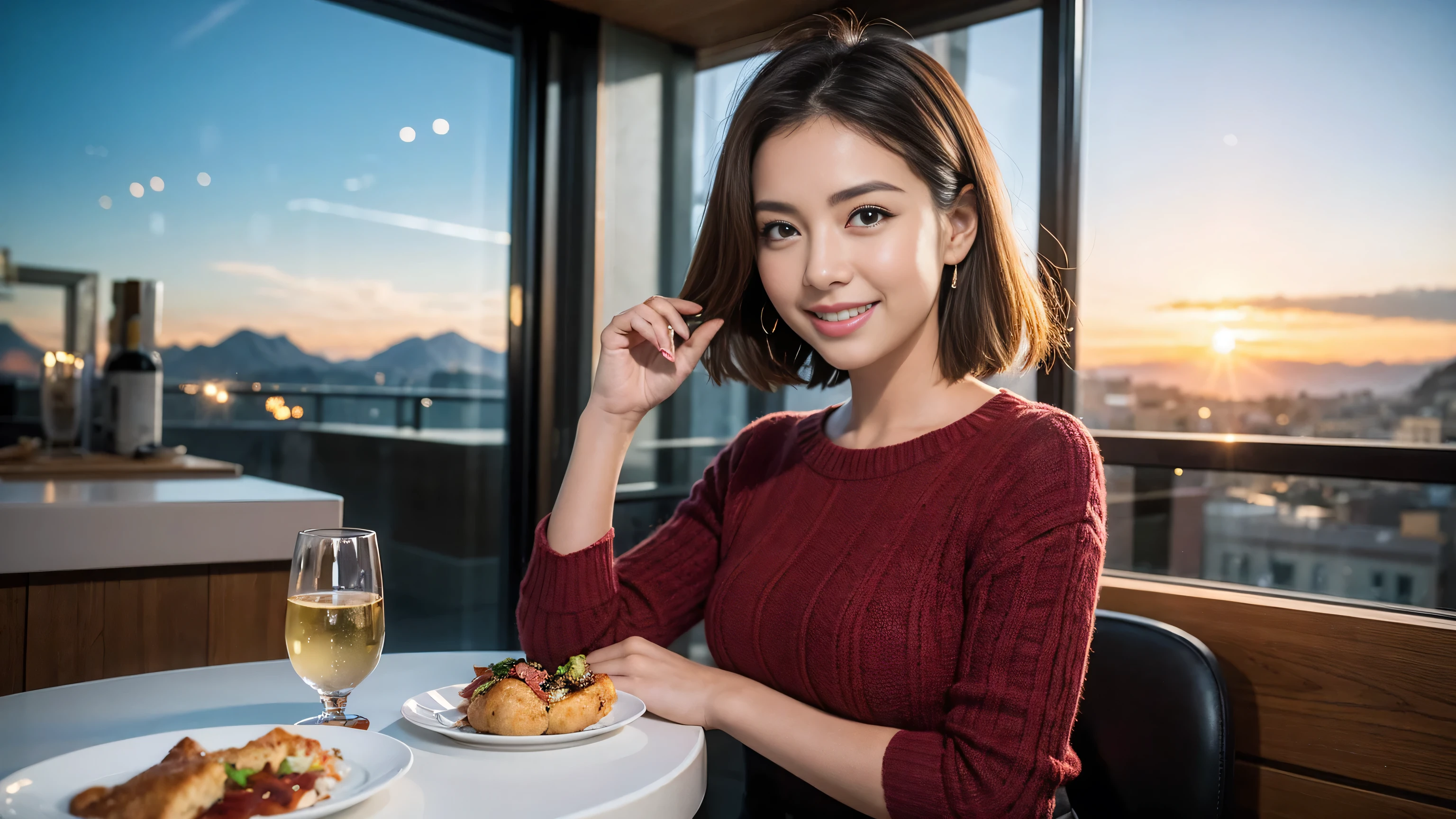 ((highest quality、8k、masterpiece:1.3))、Sharp focus:1.2、Beautiful woman perfect body:1.4、Slim body、((Bob Hale、Straight hair:1.2))、(to be born, highest quality, masterpiece:1.5), (Realistic, Intricate details:1.2), Ultra-high resolution, Put the light on your face、Spectacular view of the sunset sky and clouds、Amazing mountain views、A bright smile、wine glass、red wine 、Appetizer、Italian food、Wine bottle、Champagne、sparkling wine、, Beautiful Face, blue eyes, The light shines on your face, Blushing, short hair,Bright Face、Fox face、 (36 years old), 39 years old, Lady、Two beauties、Brown Hair、Shortcuts、Long sleeve shirt、dress、Pretty Woman 1, (slim face), (The body is slim), (Brown Hair), (Shortcuts), cheeks turn a little red,Attractive beauty、, Out of the window, A beautiful and detailed night view unfolds.........., restaurant, In a prominent place (From the waist up) Nova Frog Style, actress, model, Upper Body, White wine, slim, wine glass, A wine glass placed in the middle, smile, (smile: 1.15), Beautiful fine grain, Depth f/2,saturation, High Contrast, Strong light and shadow,Moist Body:1.5、3D texture、Delicate eyes、Brown Hair、The hair is very shiny、