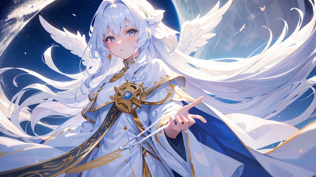 girl with white long hair, bangs, white eyes, judge girl, long white royal clothes, white wings, moon and sky, 8k resolution, detail