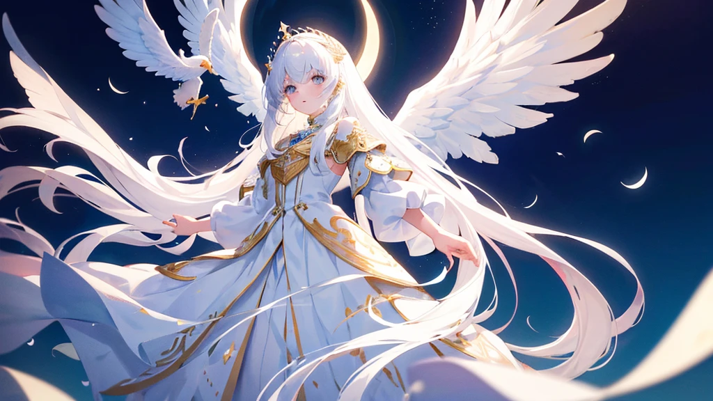 girl with white long hair, bangs, white eyes, judge girl, long white royal clothes, white wings, moon and sky, 8k resolution, detail