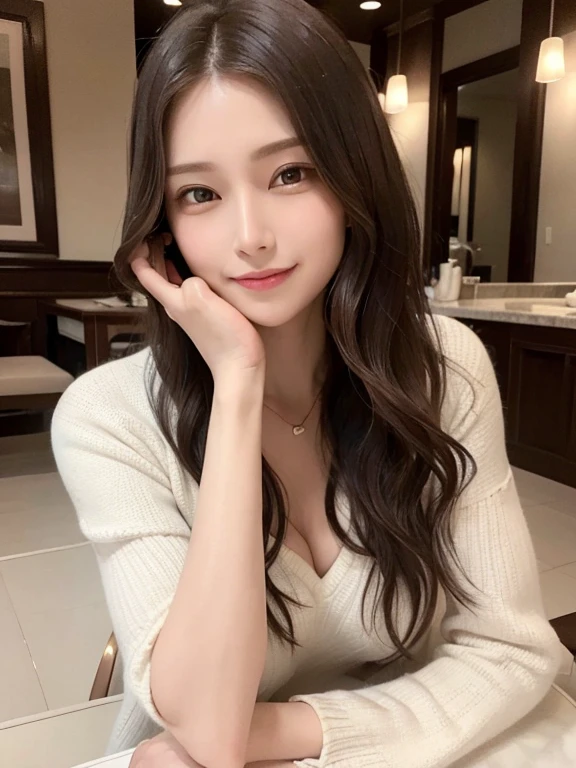masterpiece, highest quality, High resolution,alone,Brown,artistic,Best lighting,casual,Flat Chest,Beautiful Face,expensive,smile,light makeup,Age 26,Calm woman,Detailed Hair,Laughing woman,Face Focus,Wavy Hair,Woman in jeans,Very white skin,Thin eyebrows,