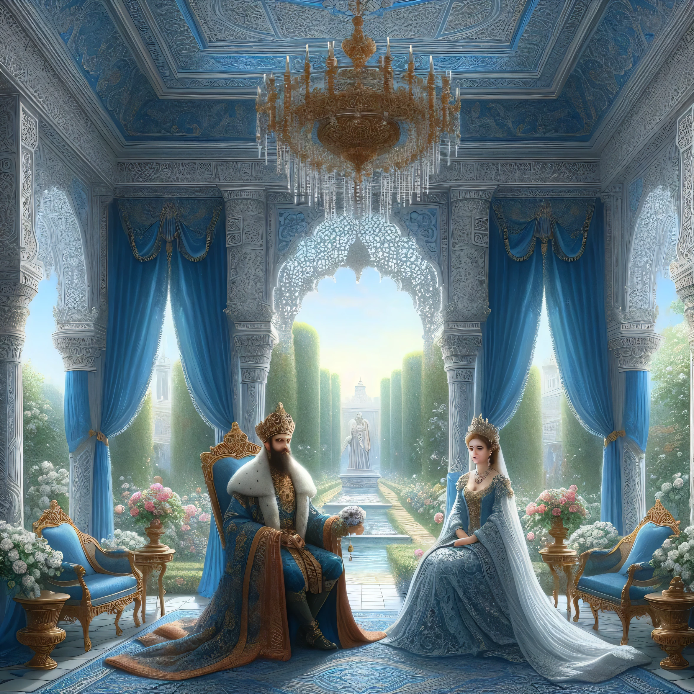 a painting of a couple of people sitting in a room, by Alexander Kucharsky, royal painting, royal portrait painting, beautiful render of a fairytale, futuristic persian palace, fairytale painting, royal portrait, in their noble mansion, beautiful fantasy art, in a throne room, fairytale artwork, breathtaking fantasy art, very beautiful fantasy art, fantasy fairytale story, kerem beyit