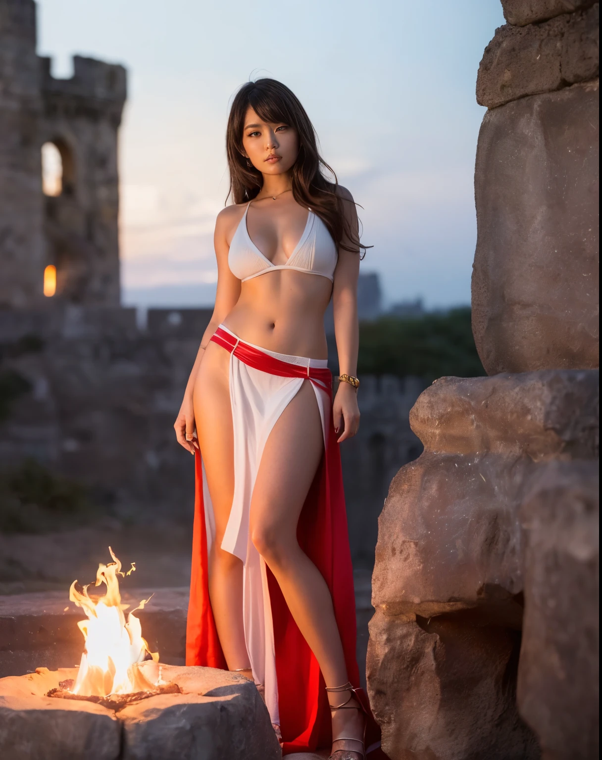 （Full body photo，Full-body display），((Great composition，Medieval ancient battlefield，A woman wearing a loose white gauze skirt，Goddess of Fire，Behind her is a stone castle.，Shooting from below，Rich scene details，Smoke was floating everywhere，You can see a tall tower in the distance，The flames light up the sky red))，(Age 25，A solemn and stern expression，Protruding nipples),((Anatomically correct，8k, Very detailed, UHigh resolution, masterpiece, Very detailed, Attention to detail, high quality, Awards, 最high quality, High resolution, 1080p, High resolution, 4K, 8k, Accurate))