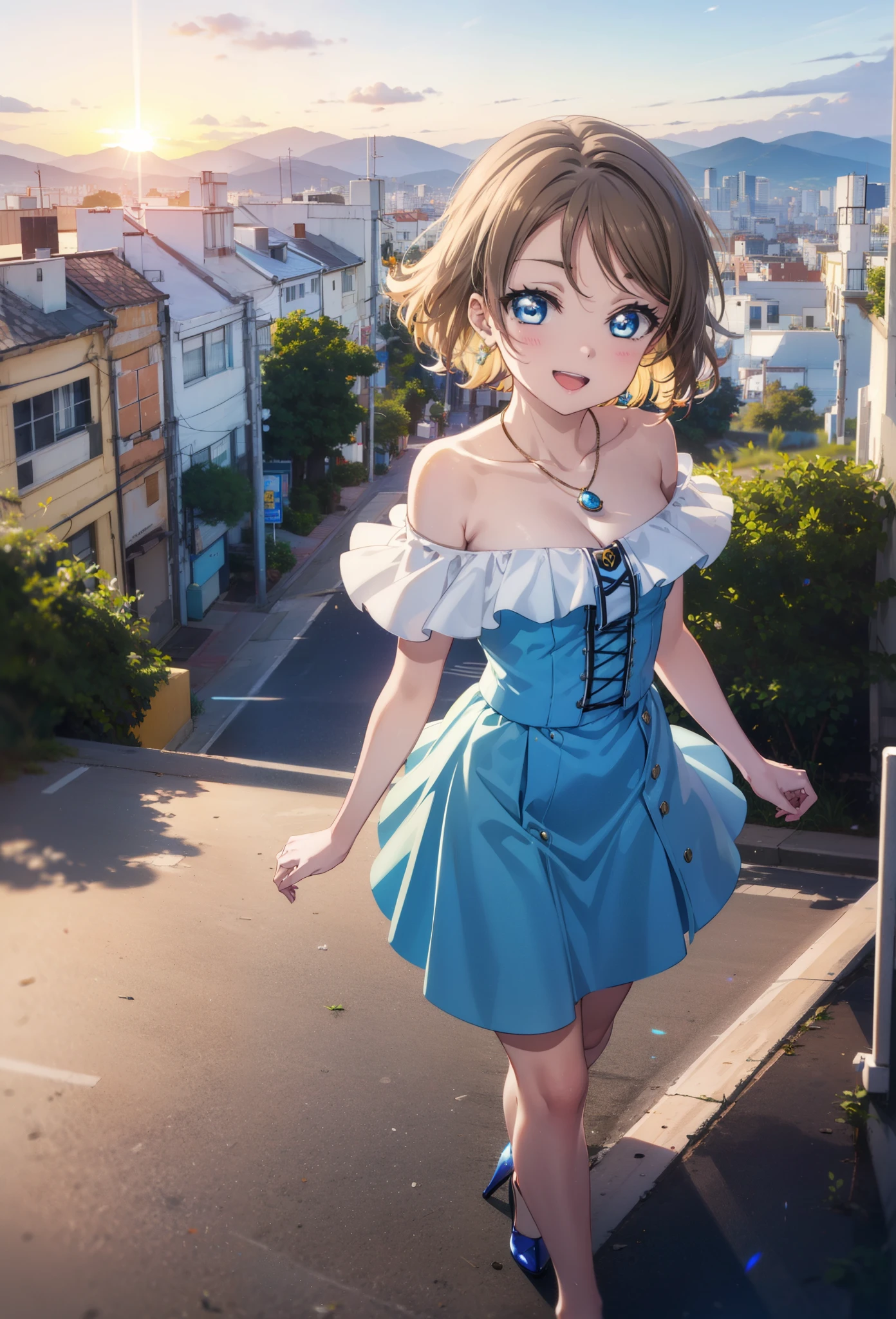Yo Watanabe, Yu Watanabe, short hair, blue eyes, Brown Hair, smile, happy smile, smile, Open your mouth,Orange hair band,Rocket Pendant,Off-the-shoulder blue dress,Bare neck,Bare shoulders,bare clavicle,Blue long skirt,Cute stiletto heels,evening,Sunset,walking,The sun is setting,whole bodyがイラストに入るように,Looking down from above,
break outdoors, Coastal Road,Building district,
break looking at viewer, whole body,
break (masterpiece:1.2), highest quality, High resolution, unity 8k wallpaper, (figure:0.8), (Beautiful fine details:1.6), Highly detailed face, Perfect lighting, Highly detailed CG, (Perfect hands, Perfect Anatomy),