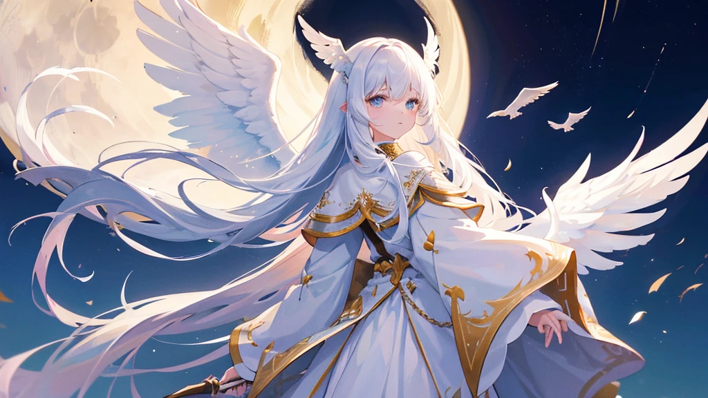 girl with white long hair, bangs, white eyes, judge girl, long white royal clothes, white wings, moon and sky, 8k resolution, detail