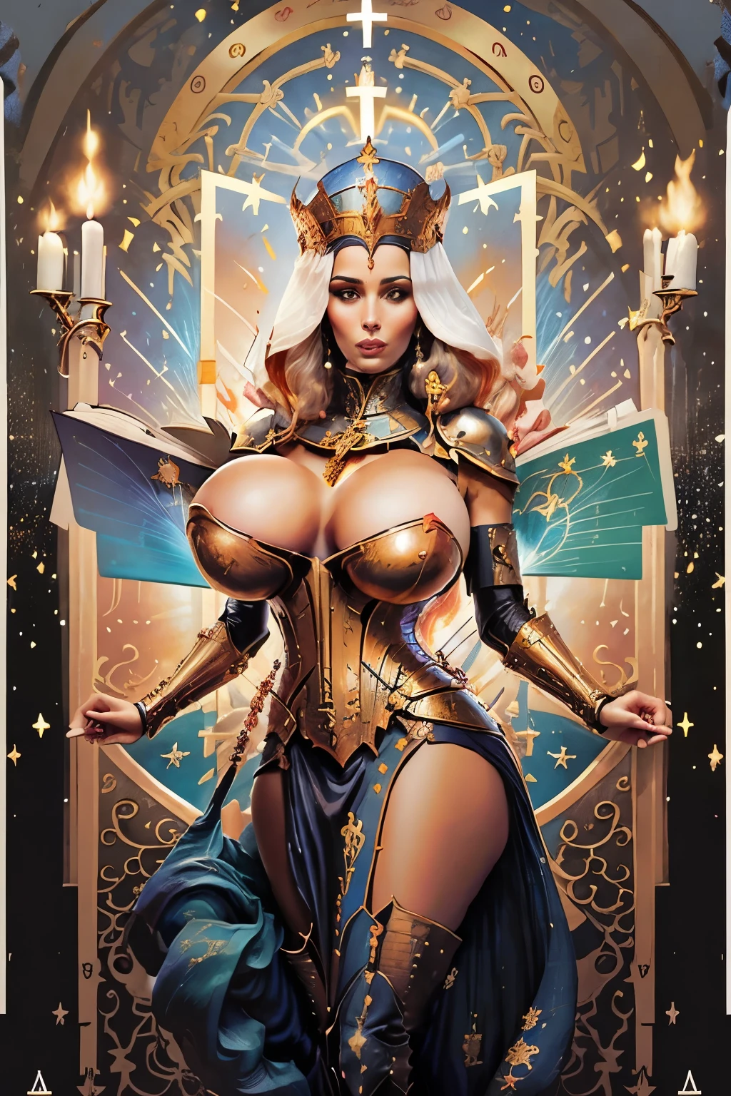 Mujer en una iglesia, obra maestra, cara perfecta, detalles intrincados, Carta del tarot con tema erotico, erotic card, primer plano, enormes pechos, gran culo, pechos enormes, big breasts,