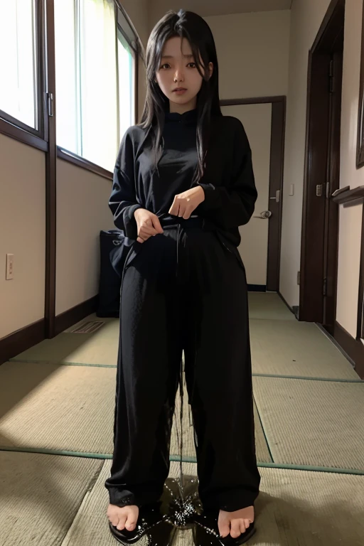 Japanese Girl sees the ghost and pees her black palazzo pants until her pants are wet in fright.