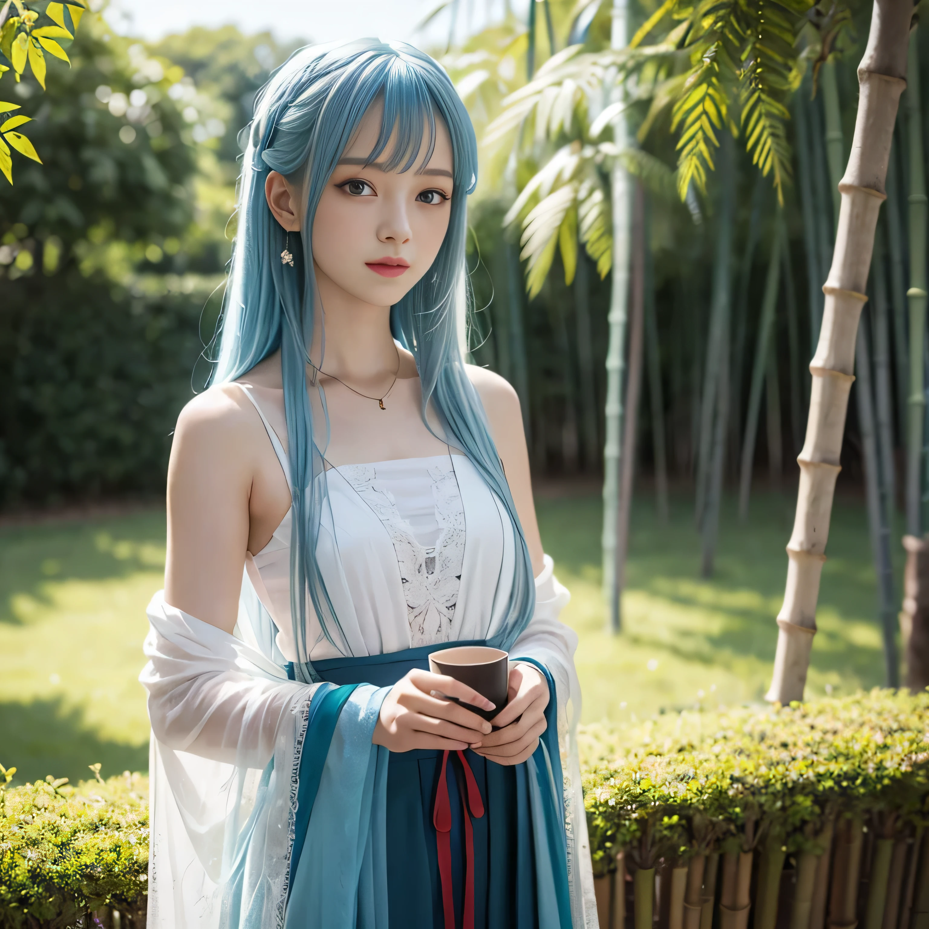 Masterpiece, Best Quality, Official Art, 8k Wallpaper, Very Detailed, Illustration, 1 Girl, Sky Blue Hair, Long Hair, Detailed Eyes, Forrest Gump, Bare Shoulders, Hanfu, Lake, Pure, Soft Smile, bamboo, tea