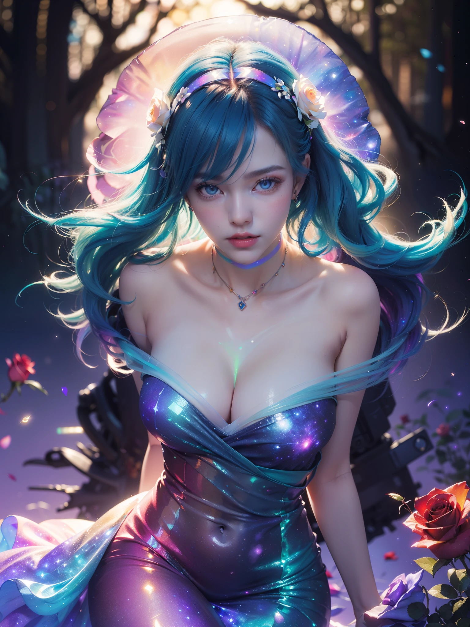 Unbeatable masterpiece, Ultra photo realsisim , Perfect artwork , Intricate details , Best quality , Strong light , High contrast , Dynamic pose , Dutch angle , ((Depth of field:1.7)) ,absurderes , absolutely resolution , unbelievable Ridiculous , A high resolution , Ultra detailed , offcial art , Mecha, 1 girl, perky breasts, detailed eyes, jewelry, night, (realistic:1.3), extreme detailed, full body, tiger jump, mecha tiara, (transparent PVC luminous bodysuit:1.8), glow, pale skin, colorful neon, long exposure, motion blur, (Glowing ambiance, enchanting radiance, luminous lighting, ethereal atmosphere, mesmerizing glow, evocative hues, captivating coloration, dramatic lighting, enchanting aura:1.7), (mecha_armor,neon_Twintails), Coquettish skin , (Short hair , beautiful blueish eyes:1.2) , ((Colored inner hair:1.5) , (Colorful gradient hair:1.5),(galaxy dress:1.7),low-cut neckline , Portate , leg loops , flower headpiece , upper legs) , (cropped shoulders , bareshoulders , Bare arms:1.2) , colorful aurora , (colorful flower , Rose , Colorful petals , Colored Forest:1.5) ,