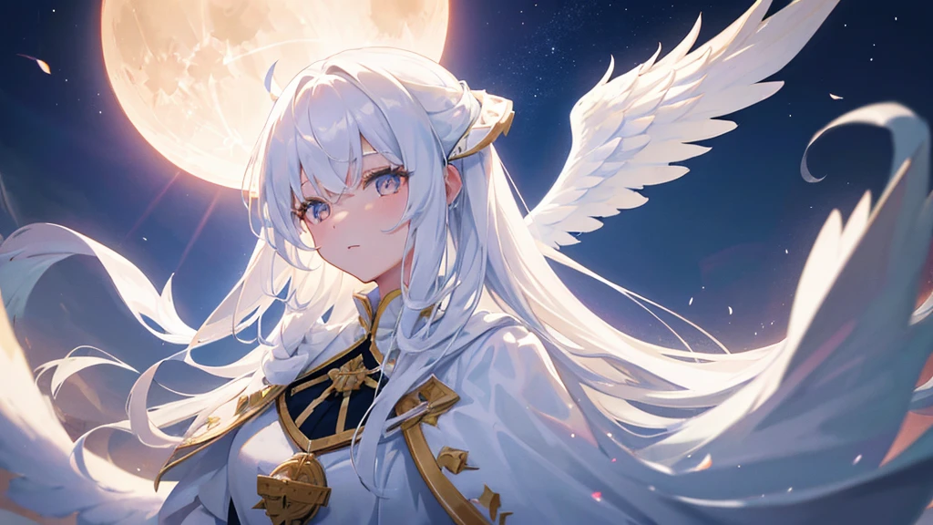 girl with white long hair, bangs, white eyes, judge girl, long white royal clothes, white wings, moon and sky, 8k resolution, detail