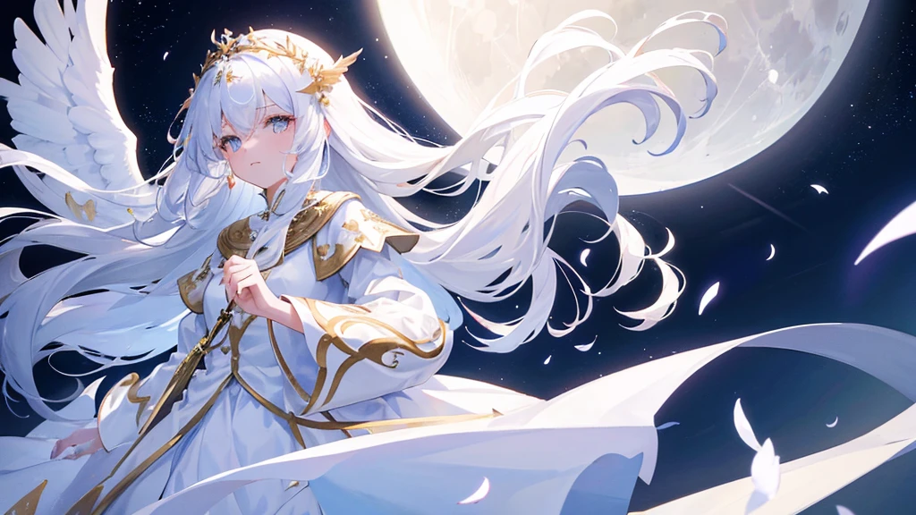 girl with white long hair, bangs, white eyes, judge girl, long white royal clothes, white wings, moon and sky, 8k resolution, detail