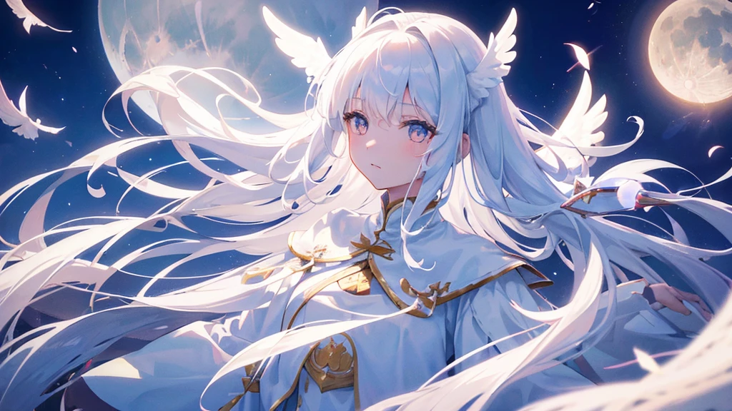 girl with white long hair, bangs, white eyes, judge girl, long white royal clothes, white wings, moon and sky, 8k resolution, detail