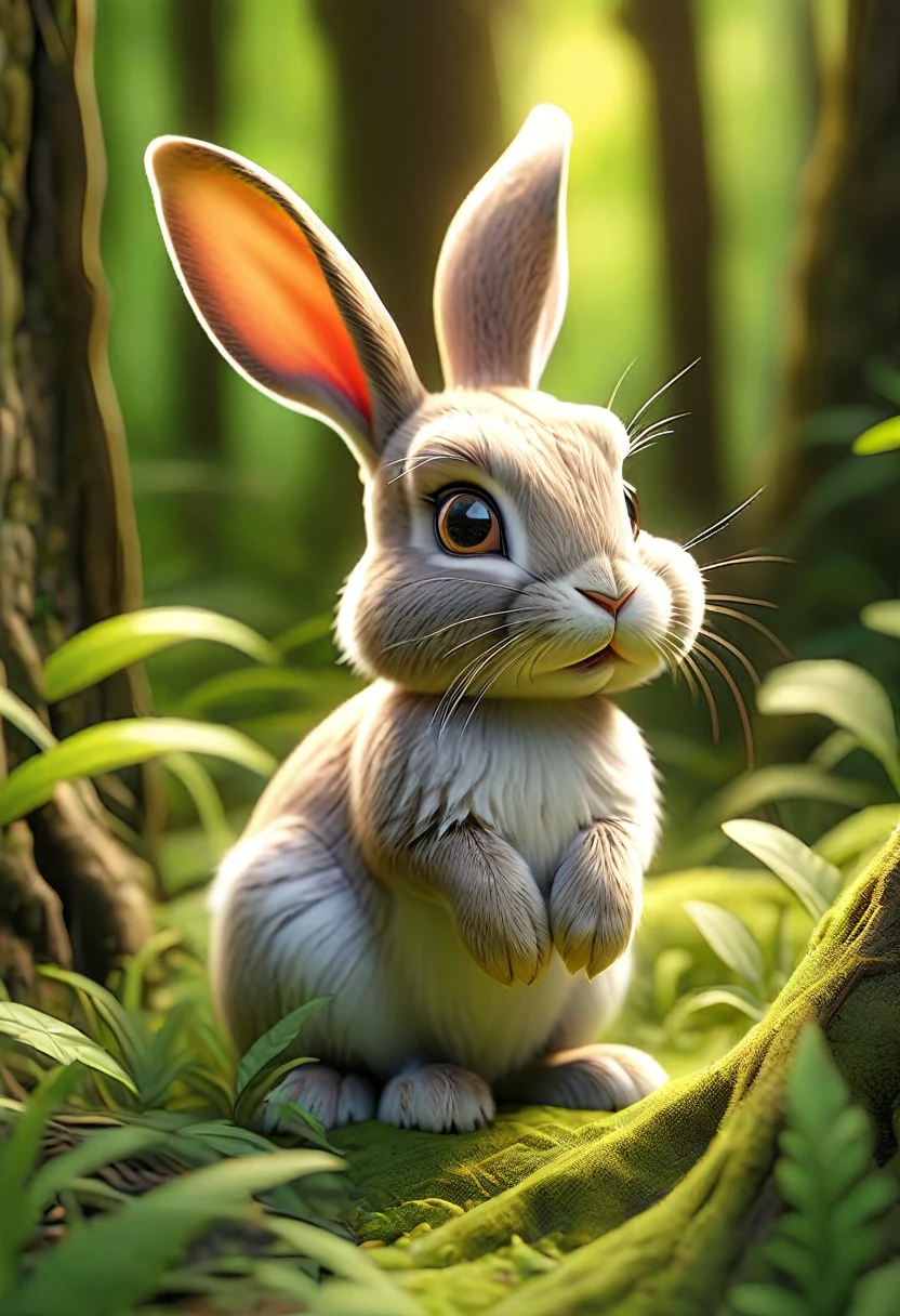 a serene green forest, a timid rabbit, detailed forest landscape, detailed rabbit, beautiful sunlight shining through trees, warm natural lighting, vibrant colors, high detail, intricate foliage, photorealistic, masterpiece, (best quality,4k,8k,highres,masterpiece:1.2),ultra-detailed,(realistic,photorealistic,photo-realistic:1.37)