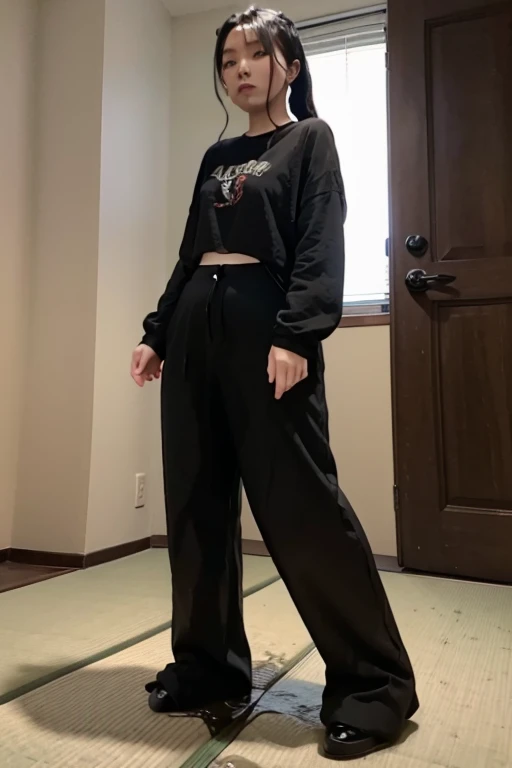Japanese Girl sees the ghost and pees her black palazzo pants until her pants are wet in fright.