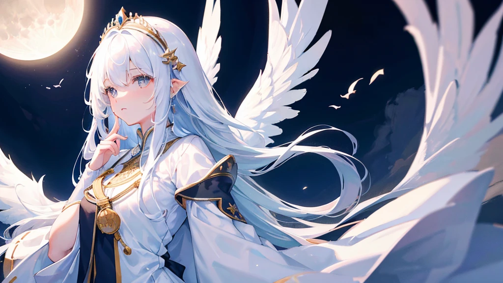 girl with white long hair, bangs, white eyes, judge girl, long white royal clothes, white wings, moon and sky, 8k resolution, detail
