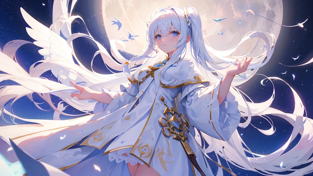 girl with white long hair, bangs, white eyes, judge girl, long white royal clothes, white wings, moon and sky, 8k resolution, detail