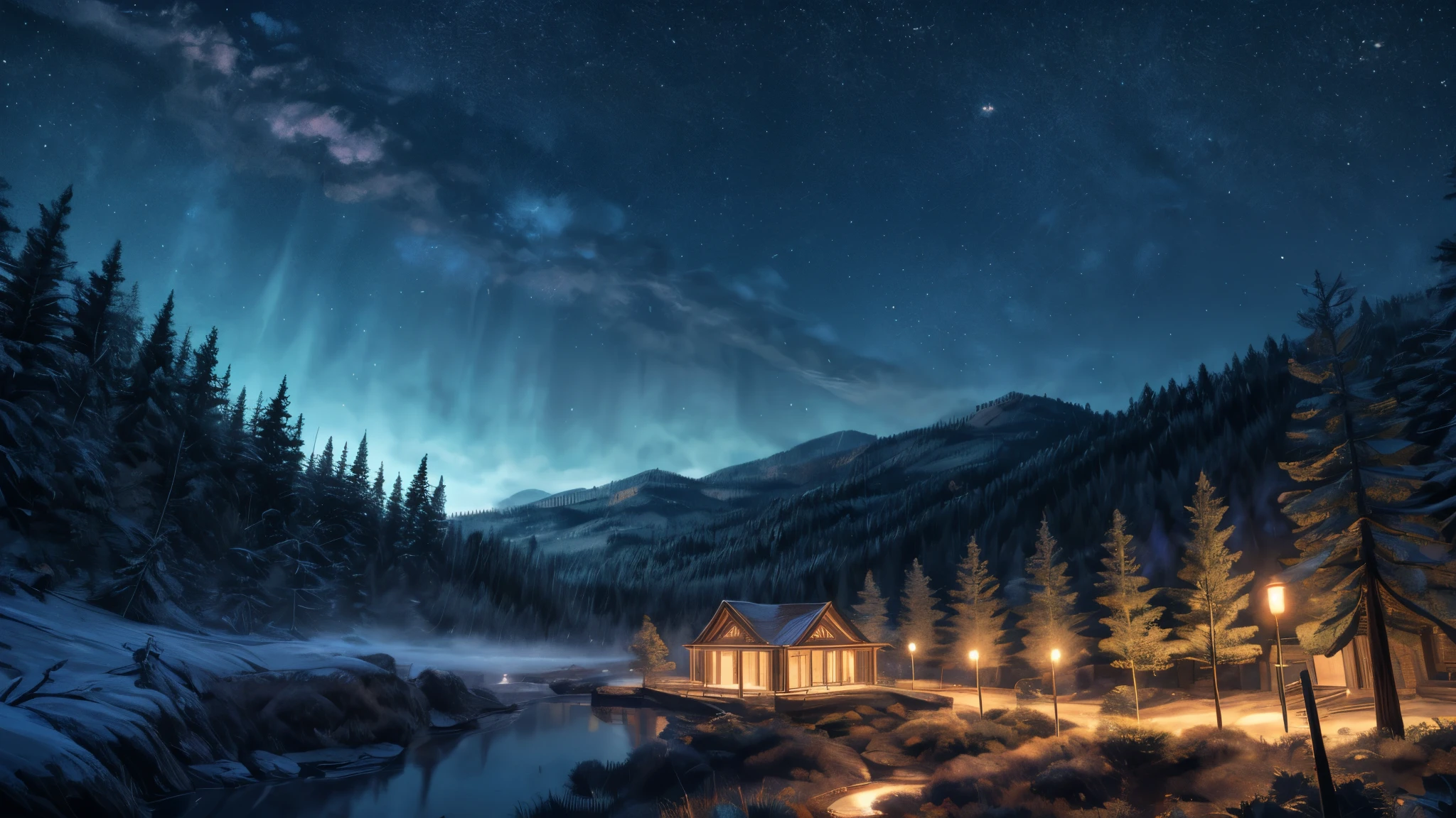 a lush, dense night forest in summer twilight, fog, cold light, a small dirt path in the center, coniferous dense trees, many trees, wide shot, maximum detail, (best quality,4k,8k,highres,masterpiece:1.2),ultra-detailed,(realistic,photorealistic,photo-realistic:1.37),HDR,UHD,studio lighting,ultra-fine painting,sharp focus,physically-based rendering,extreme detail description,professional,vivid colors,bokeh,landscape