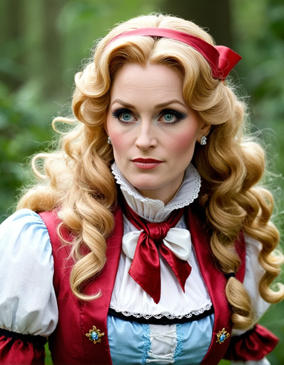 Belle Delphine as Alice in wonderland with a doomer outfit, blonde hair hidden under a scarf, mature female, looking serious, following a white rabbit running away, fairy tales, in apocalyptic style