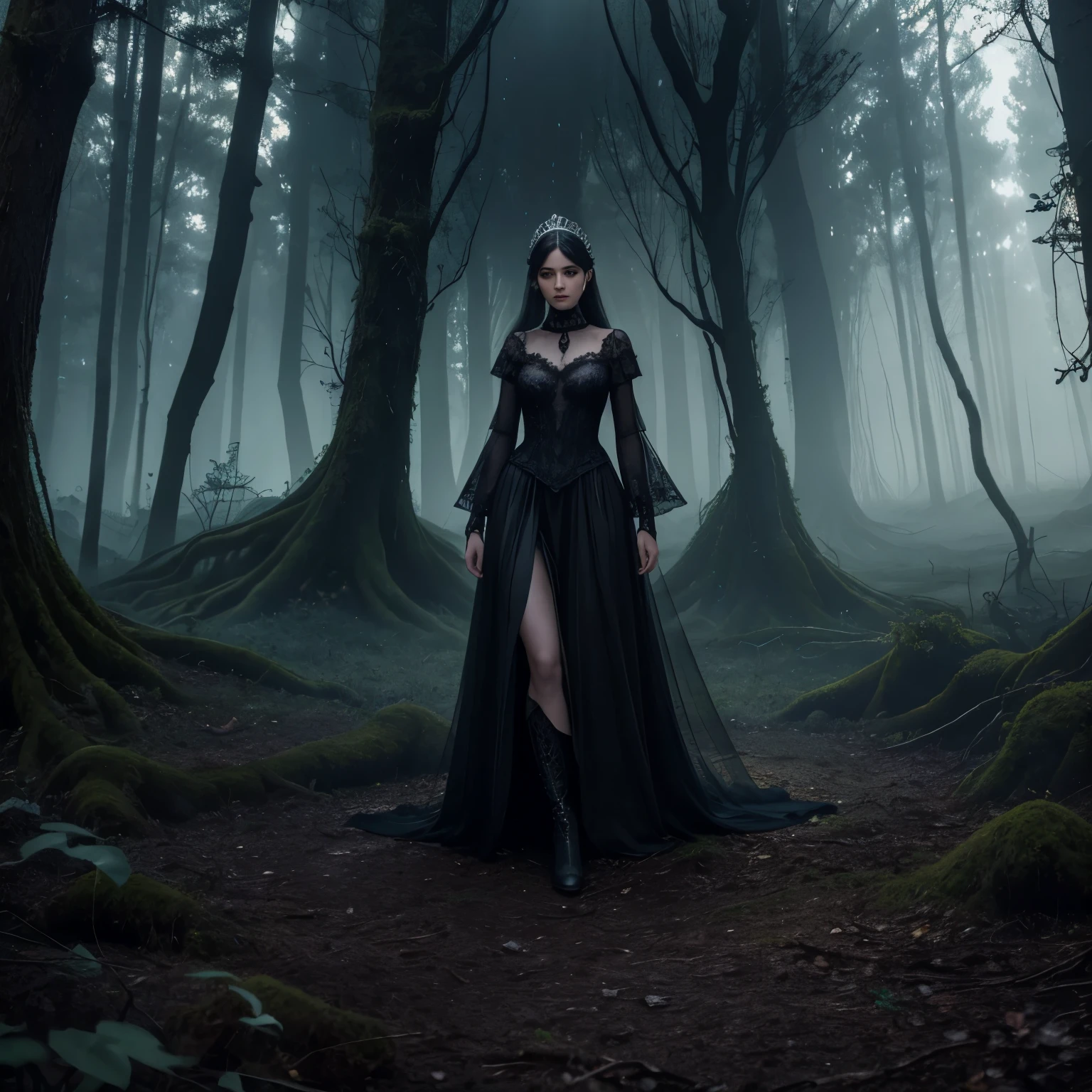 Concept: The model in a gothic fantasy setting, blending dark, mystical elements with elegant fashion.Background:Setting: An ancient, mist-covered forest with towering, twisted trees. In the distance, the silhouette of an abandoned castle looms against a stormy sky, illuminated by intermittent flashes of lightning.Ground Details: The forest floor is covered with dark moss and scattered leaves. Twisted roots snake across the ground, with small, glowing mushrooms emitting a faint, eerie light.Model and Attire:Outfit: The model wears a flowing, dark velvet gown with intricate lace detailing. The dress features long, bell sleeves and a high collar, adding Victorian elegance. The fabric shimmers subtly in the dim light.Accessories: The model's accessories include a silver tiara adorned with dark gemstones and a matching choker. They hold a vintage, intricately designed lantern that emits a soft, ghostly light. Dark, fingerless lace gloves and tall, black leather boots complete the look.Pose and Expression:Pose: The model stands amidst twisted roots and glowing mushrooms, holding the lantern aloft. One foot is slightly forward, appearing mid-step, as if moving through the enchanted forest.Expression: The model's face is thoughtful and intense, eyes gazing into the mist as if searching for something, exuding curiosity and determination.Lighting and Effects:Lighting: The primary light source is the soft glow from the lantern, casting long, eerie shadows. Additional light comes from bioluminescent mushrooms and flashes of lightning, creating a dynamic, dramatic effect.Effects: Mist swirls around the model’s feet, adding to the ethereal quality. Occasionally, small ghostly figures or wisps of light flit through the trees, enhancing the mystical ambiance.Mood and Aesthetic:Mood: The overall vibe is dark, enchanting, and mysterious, capturing the essence of a gothic fairytale. The image evokes a sense of adventure and otherworldly beauty.Aesthetic: The aesthetics blend gothic e