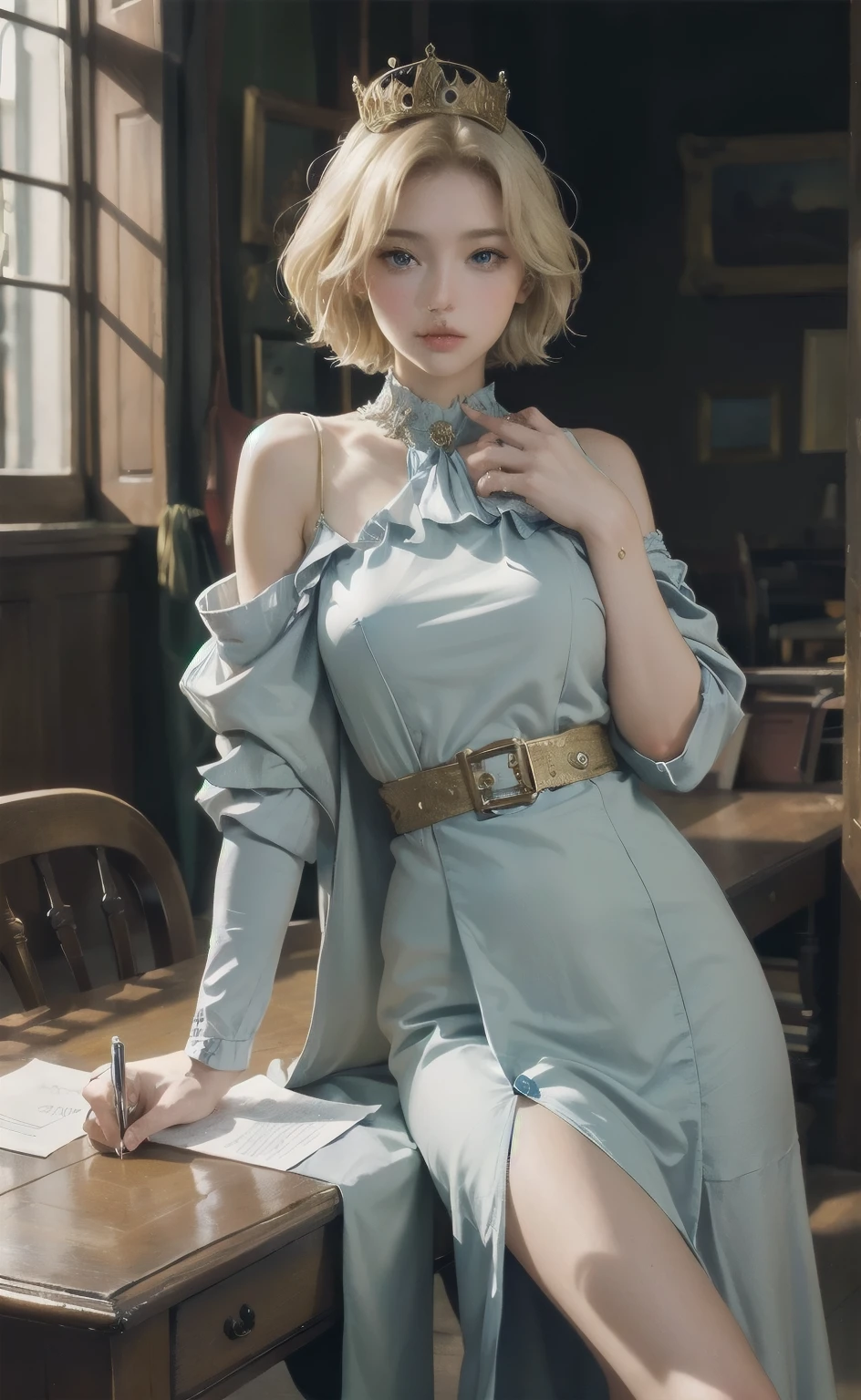 (Masterpiece: 1.2, Best Quality), Realistic, (Realistic Picture, Complex Details, Depth of Field), Best Quality, Masterpiece, Highly Detailed, Semi Realistic, 1 Girl, Mature Female, 21 Years Old, Blond Hair, Shoulder length Short Hair, Left Eye Covered with Hair, Blue Eyes, King's Clothes, Red Cloak, Slim Figure, Crown Made of Precious Gold, Reading Documents, Marking Documents, Goose Hair Pen, Office Table, Soft Bench, Palace, In the palace, during the Middle Ages