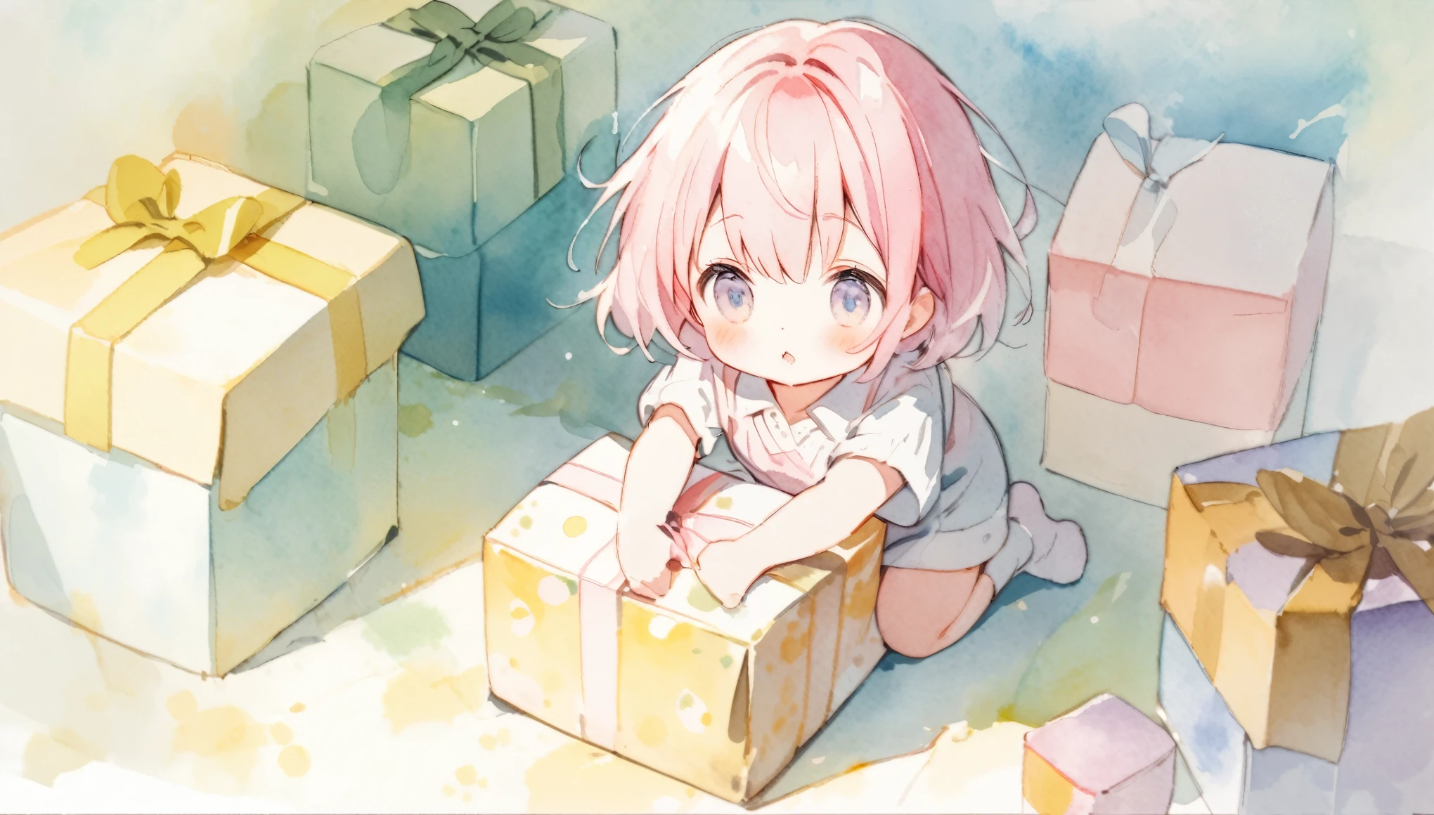 Watercolor painting, pale colors, big present box, 2 year old with pink hair