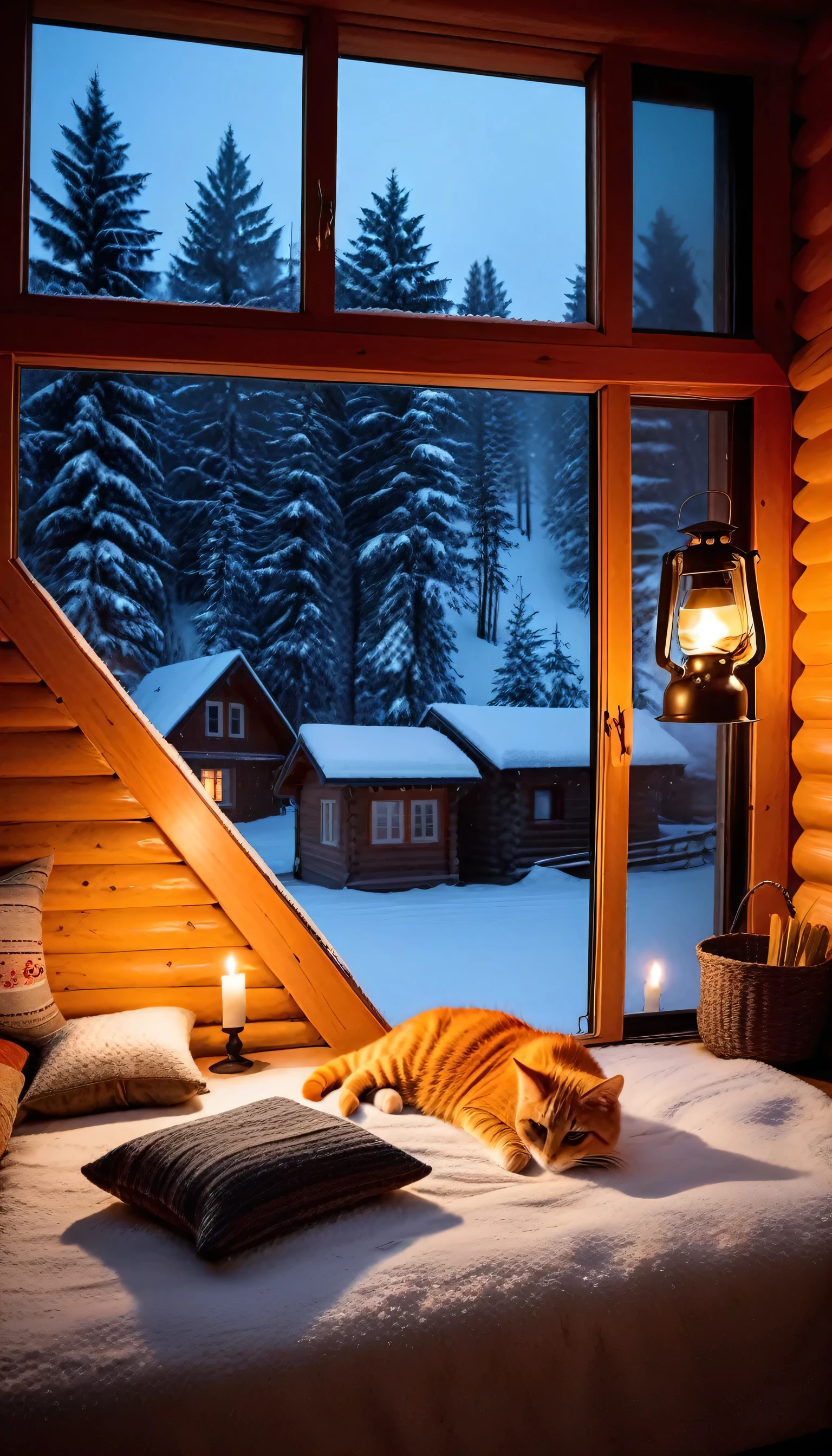 I want to create a small cabin、The room is furnished with soft beds and blankets、Large French windows、A lazy orange cat、There are candles burning again、Wood burning in the fireplace，Outside the window is the bright lights at night，Heavy snow