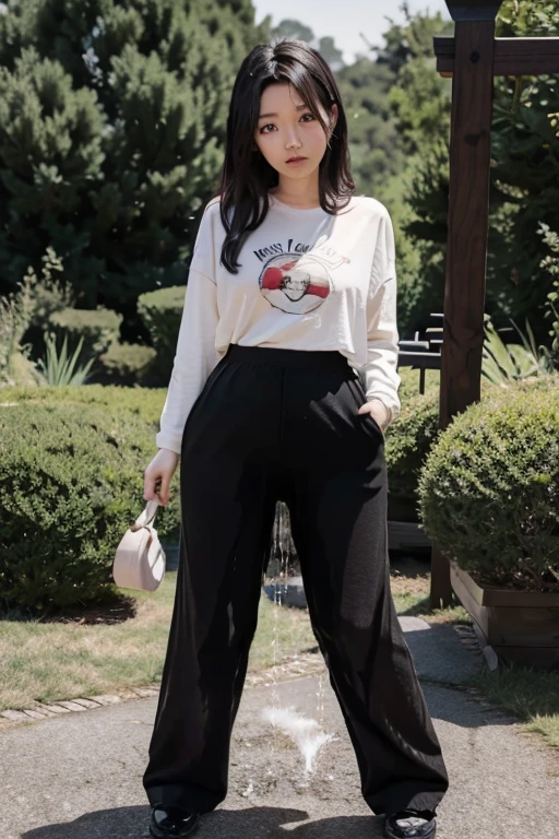 Japanese Girl sees the ghost and pees her black palazzo pants until her pants are wet in fright.